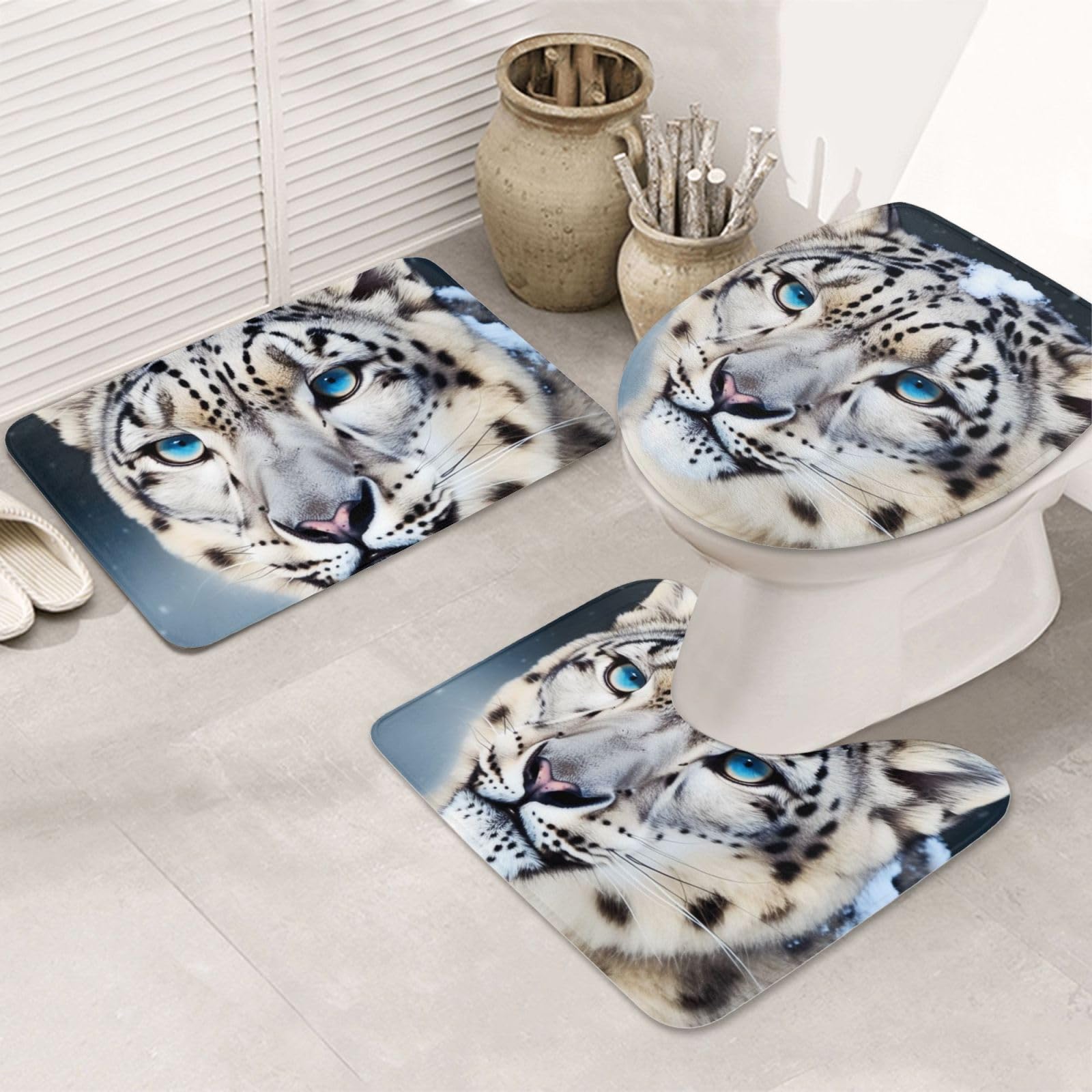 Tapis de bain léopard des neiges avec contour WC et tapis douche