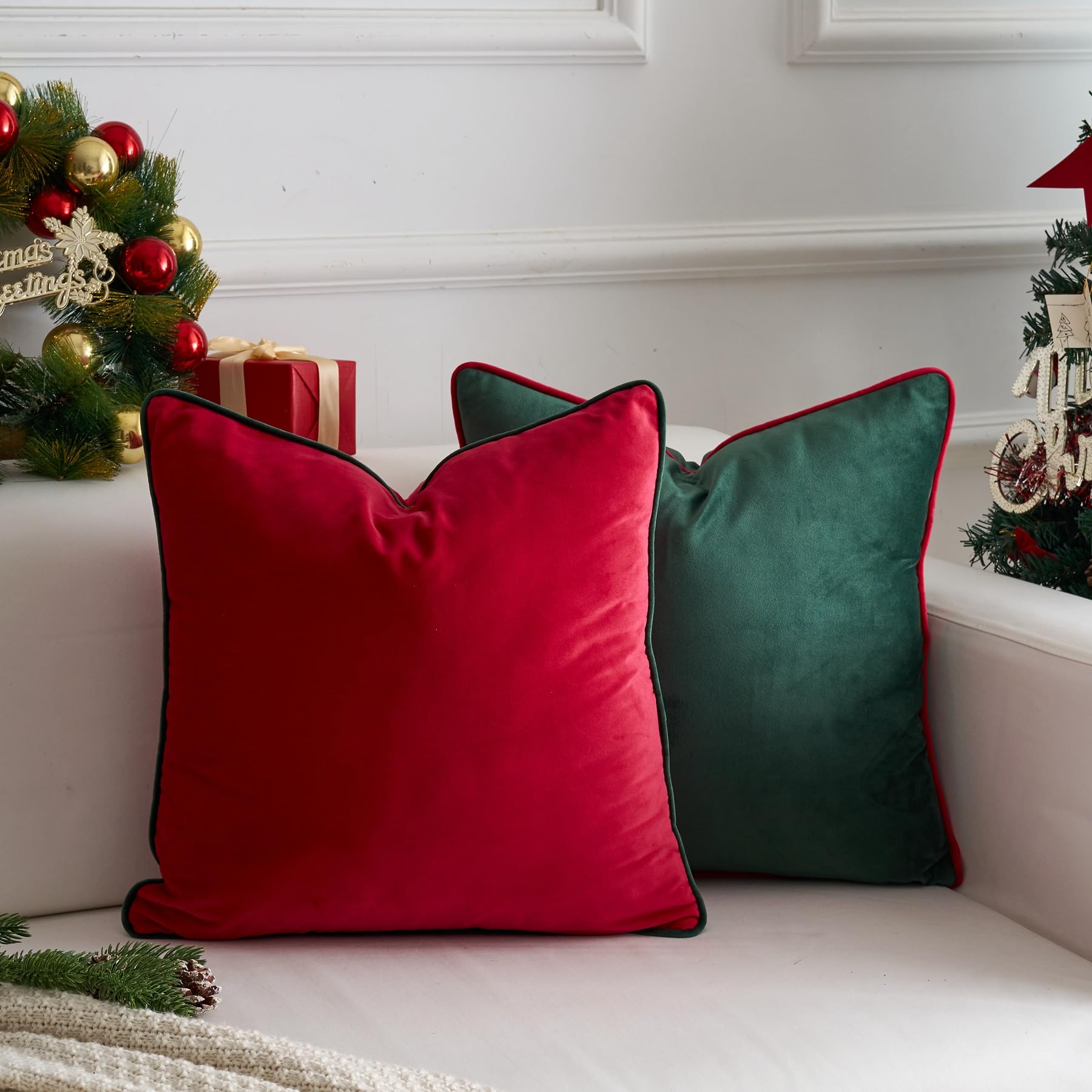 LIGICKY Set of 2 Red Velvet Throw Pillow Covers Modern Minimalist Style Solid Decorative Dark Green Rope Edging Soft Square Cushion Cases for Sofa Bedroom Party Christmas Décor - Image 3