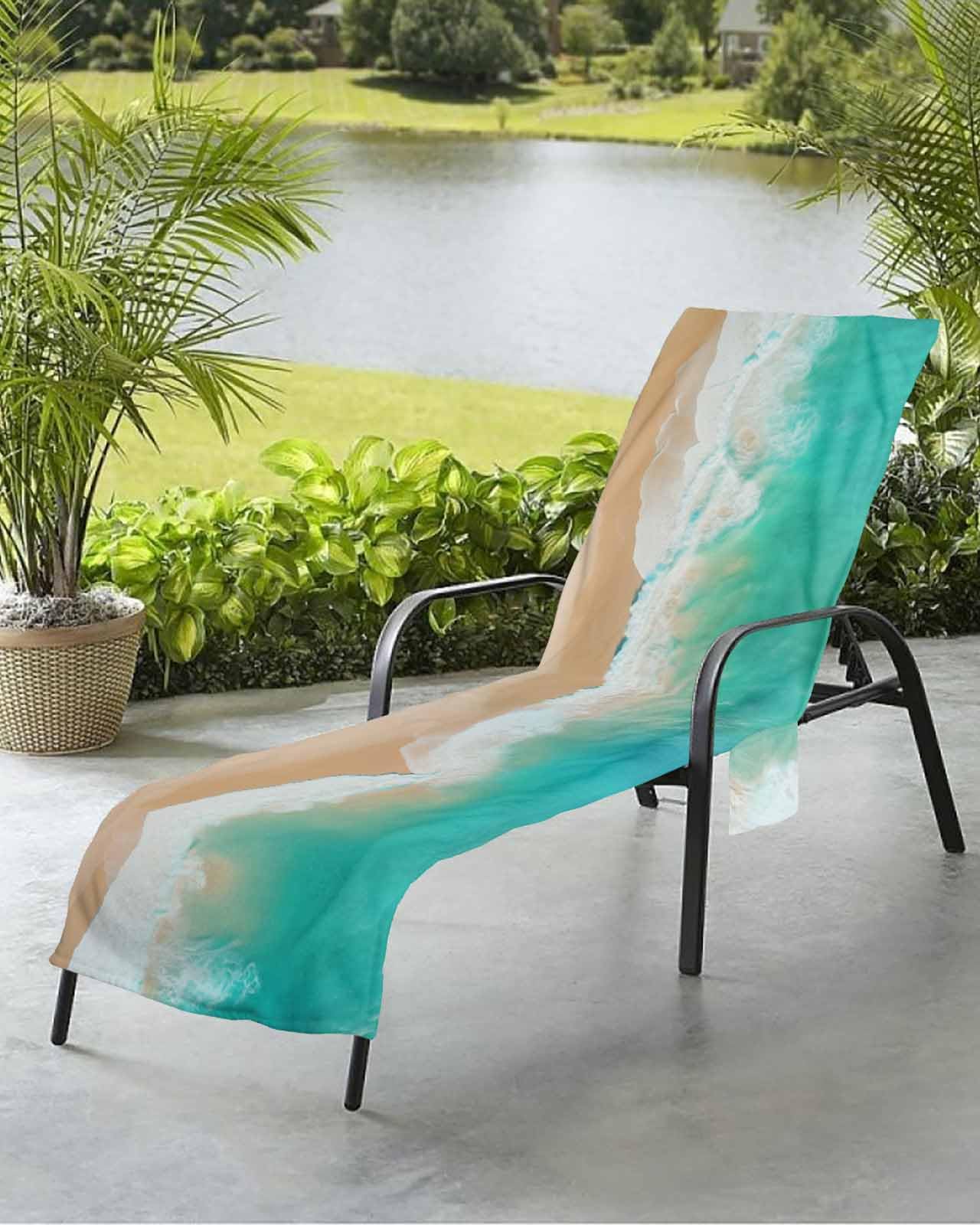 Green Seaside Beach Chair Towel Covers for Chaise Lounge With Side Pocket, Soft Plush Pool Towels Cover for Patio Sunbathing Outdoor Ocean Sea Wave Summer Tropical Holidays 29''x85''