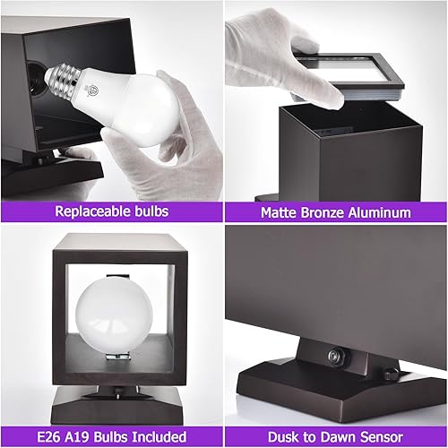 Miniatura 6 de Luces de pared para exteriores con sensor de fotocélula del anochecer al amanecer, montaje de pared exterior con bombillas LED A19, luces de aplique