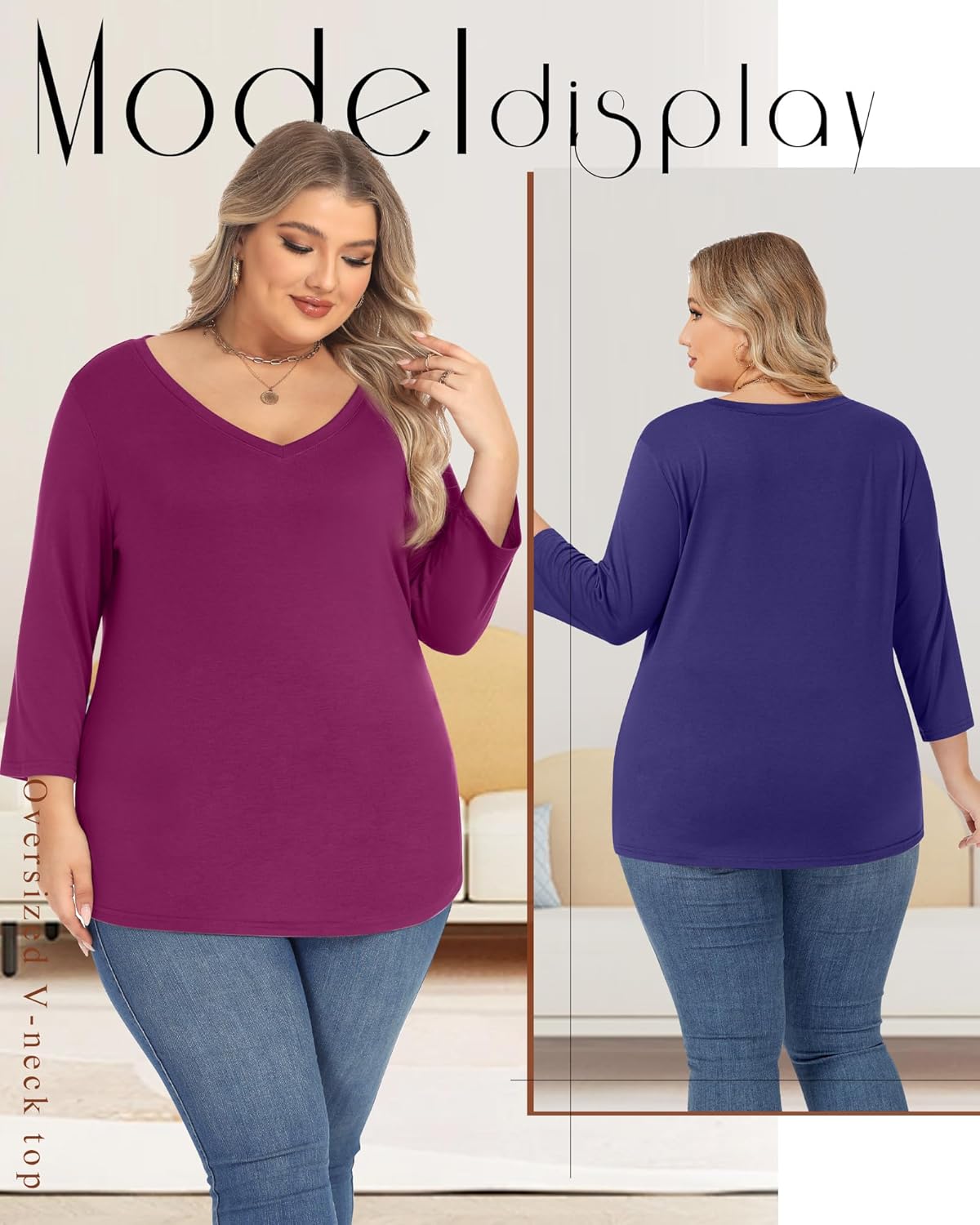 Ficerd 3 Pack Cotton Plus Size 3/4 Sleeve Tops for Women V Neck T-Shirts Casual Loose Fit Trendy Basic Tees Clothes - Image 3