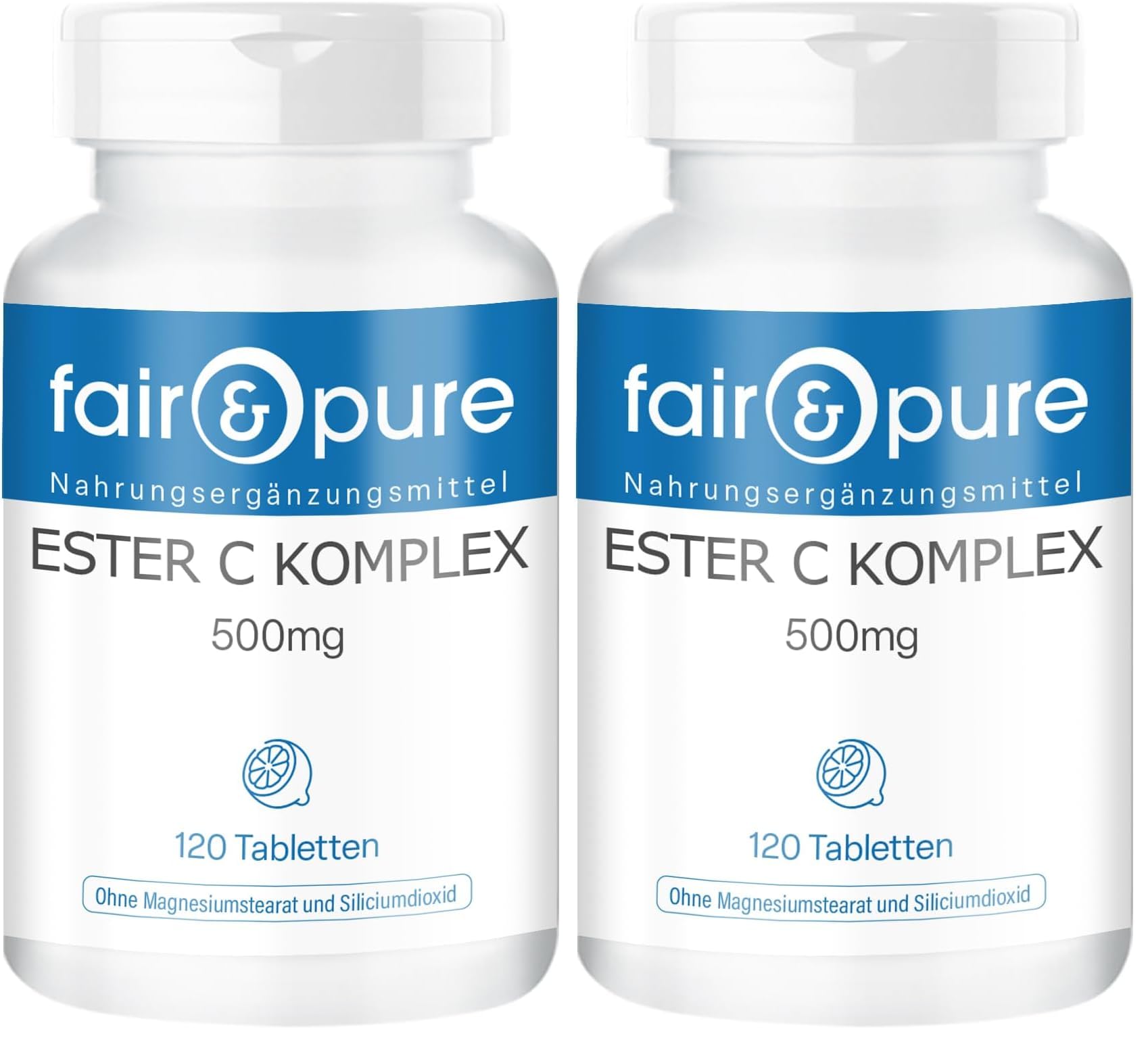 Fair & Pure Ester C Komplex 500 mg, 120 Tabletten, Vitamin C gepuffert, Nahrungsergänzungsmittel vegan ohne Magnesiumstearat, in Deutschland hergestellt (Packung mit 2)