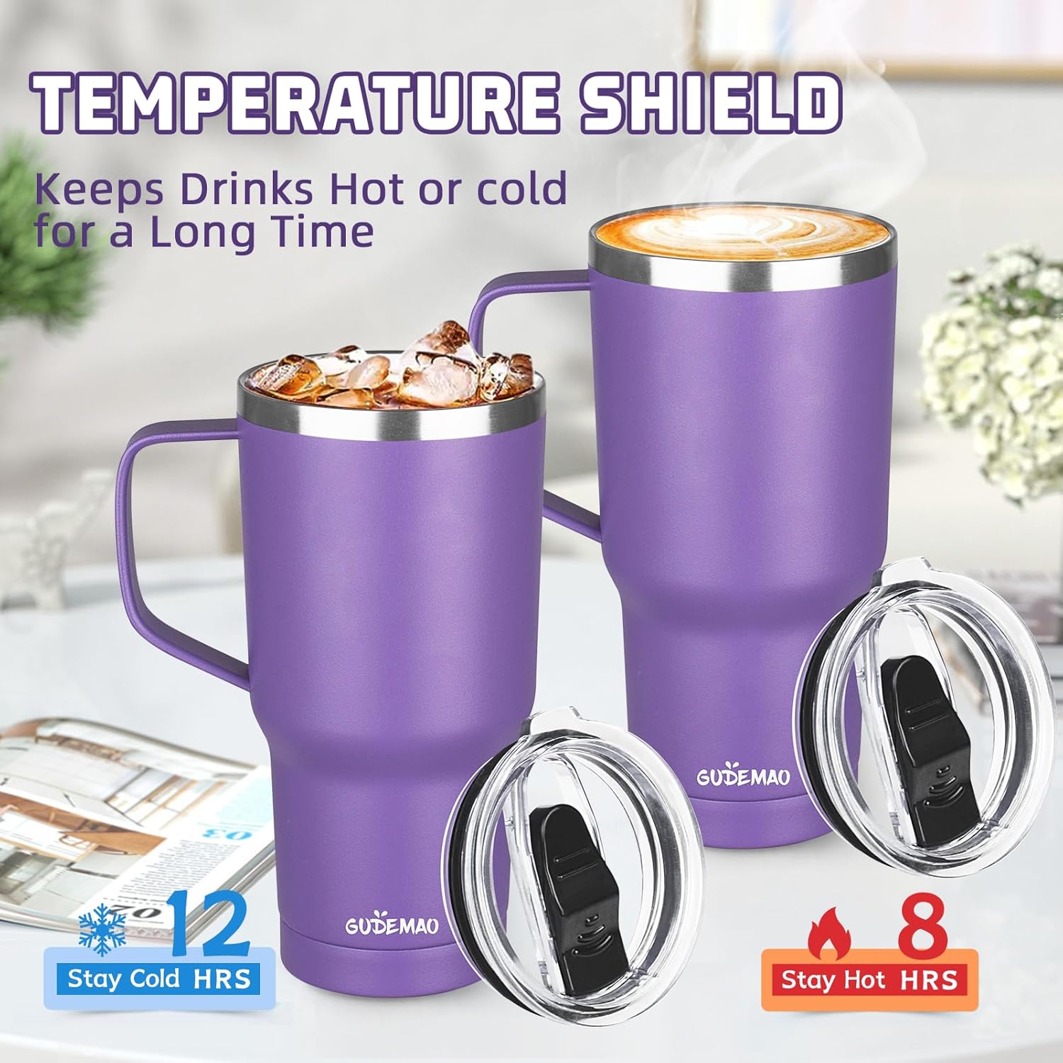 20 oz Insulated Coffee Mug with Ceramic Coating, Stainless Steel Travel Mug Tumbler with Handle Lid and Straw, Double Wall Leak-Proof Coffee Travel Mug Keeps Drink Hot and Cold (Purple) - Image 4