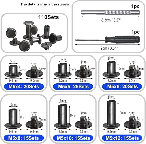 Weebee 110Sets Chicago Screws Assorted Screw Rivets Leather Rivets Chicago Binding Screws for Repair Leather Craft Purse Bookbinding Bag Belt Shoes and Decorate (M5*4,5,6,8,10,12) (Gunmetal Black)