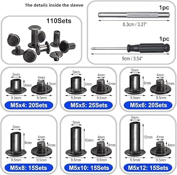 Weebee 110Sets Chicago Screws Assorted Screw Rivets Leather Rivets Chicago Binding Screws for Repair Leather Craft Purse Bookbinding Bag Belt Shoes and Decorate (M5*4,5,6,8,10,12) (Gunmetal Black)