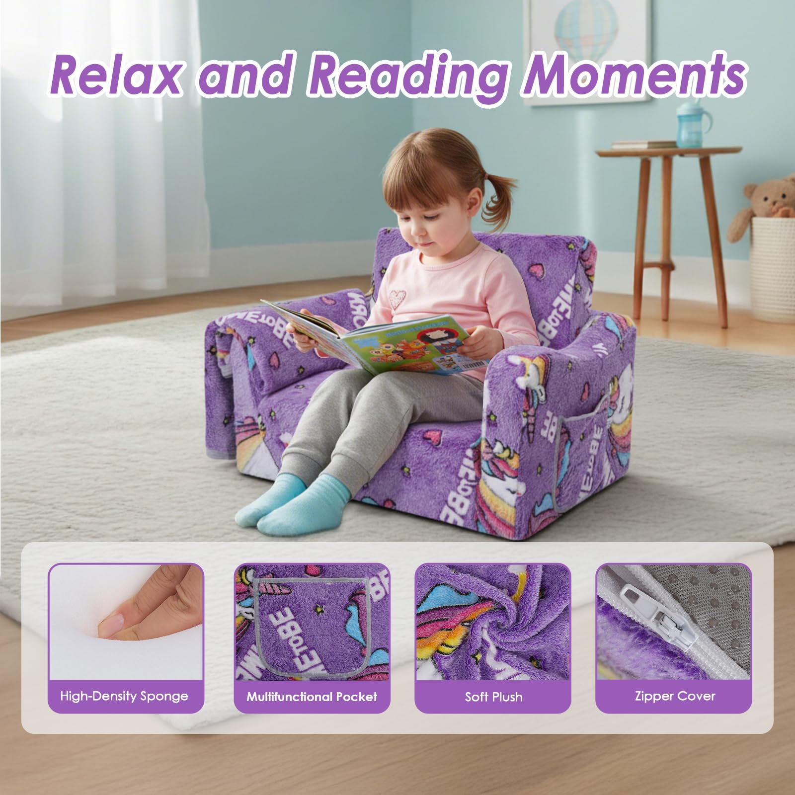 Pieghevole Divano Bambini 2-in-1, Poltroncina Trasformabile in Lettino,Sedia lumineux avec Couverture Camere da Letto, Soggiorno e Stanza per i Giochi,Unicorno