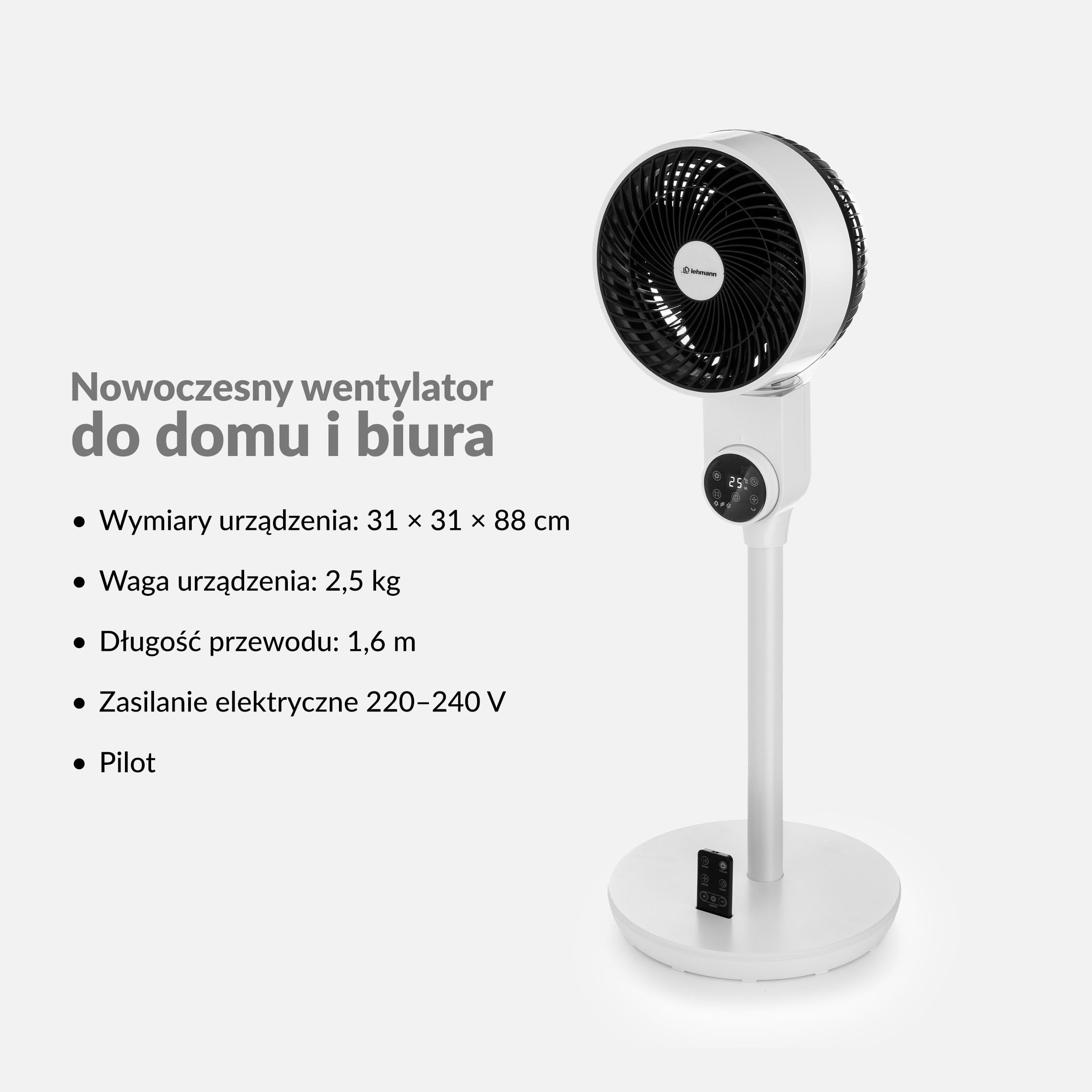 LEHMANN Wentylator stojący, cichy wentylator z trybem uśpienia i trybem naturalnym, timer 12 h, pilot zdalnego sterowania, wyświetlacz LED, oscylacja pozioma 75° + ręczne nachylenie pionowe 90°, 3