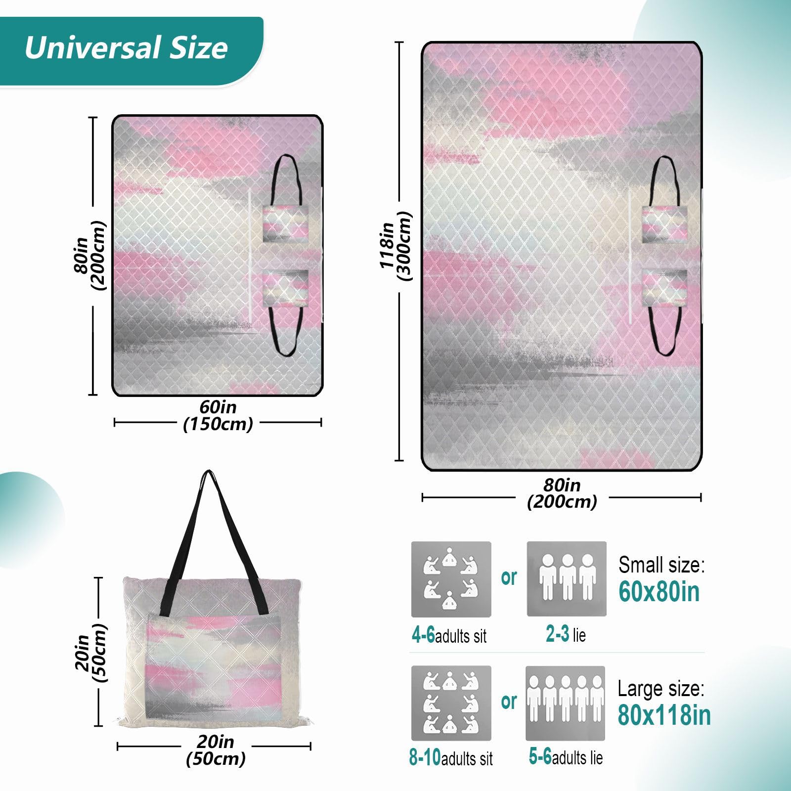 Cesta de picnic impermeable con tinta rosa, blanca y gris, suave para exteriores, accesorios de picnic al aire libre, para picnic familiar, alfombra para Playa