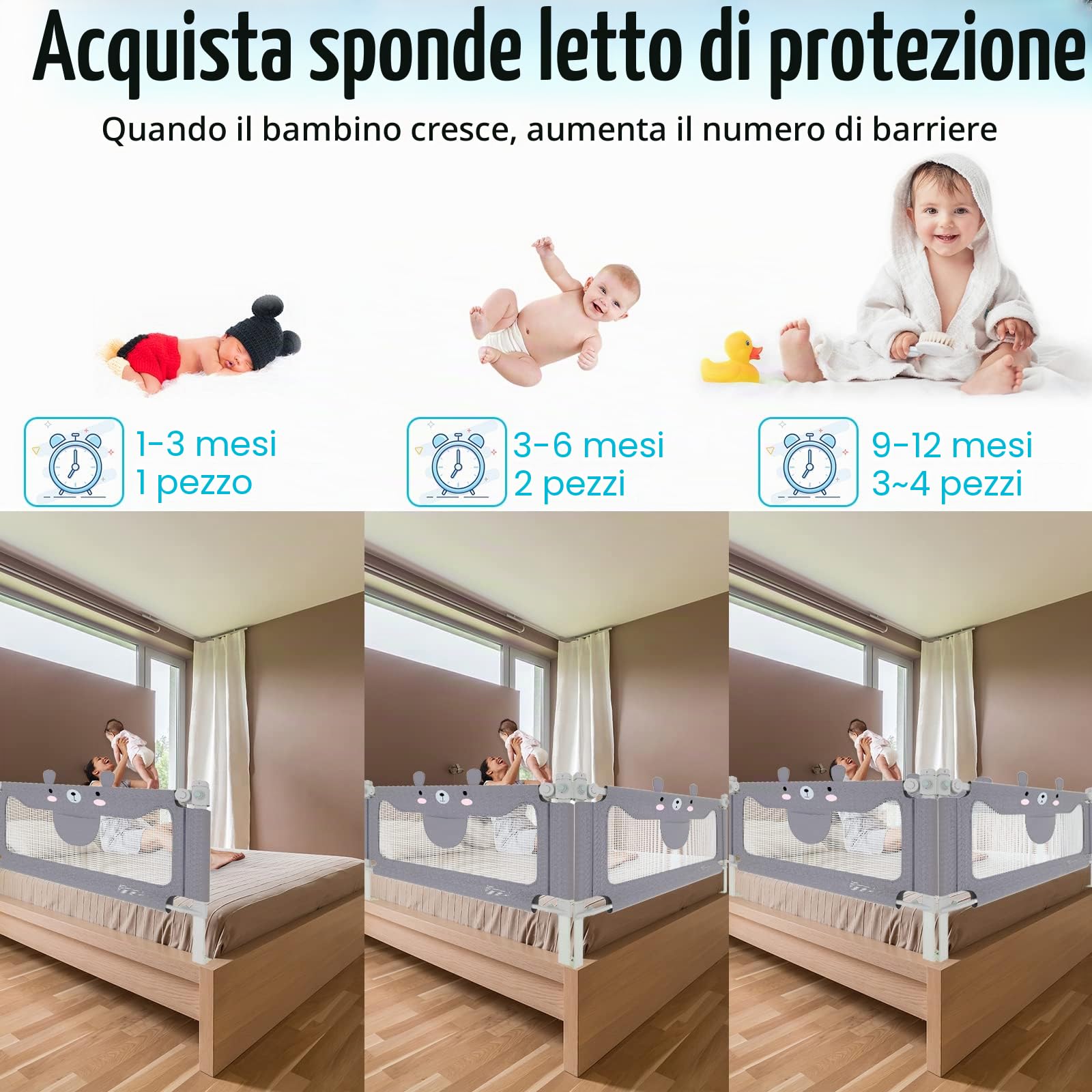 UISEBRT Barriera per Letto Bambini, sponda letto barriera protettiva Regolabile, Barriera Protezione, AltezzaRegolabile 150 cm, per Neonati Bambino, con motivo orso, grigio