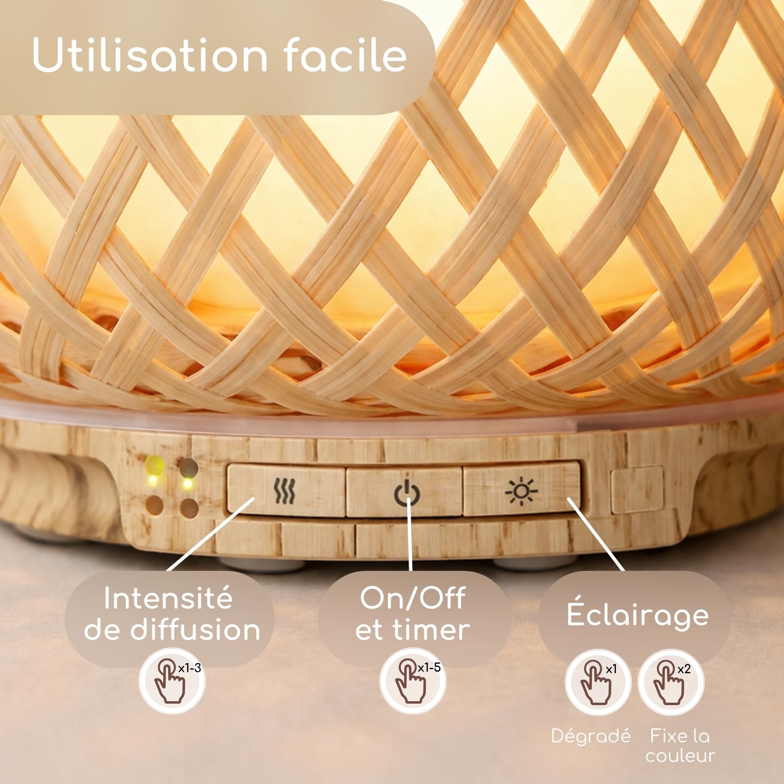 Zen'Arôme - Diffuseur d’Huiles Essentielles Ultrasonique Olaki (Jusqu’à 40 m²) - Diffusion à Froid pour l’Aromathérapie - Design Artisanal Zen en Bambou Tressé
