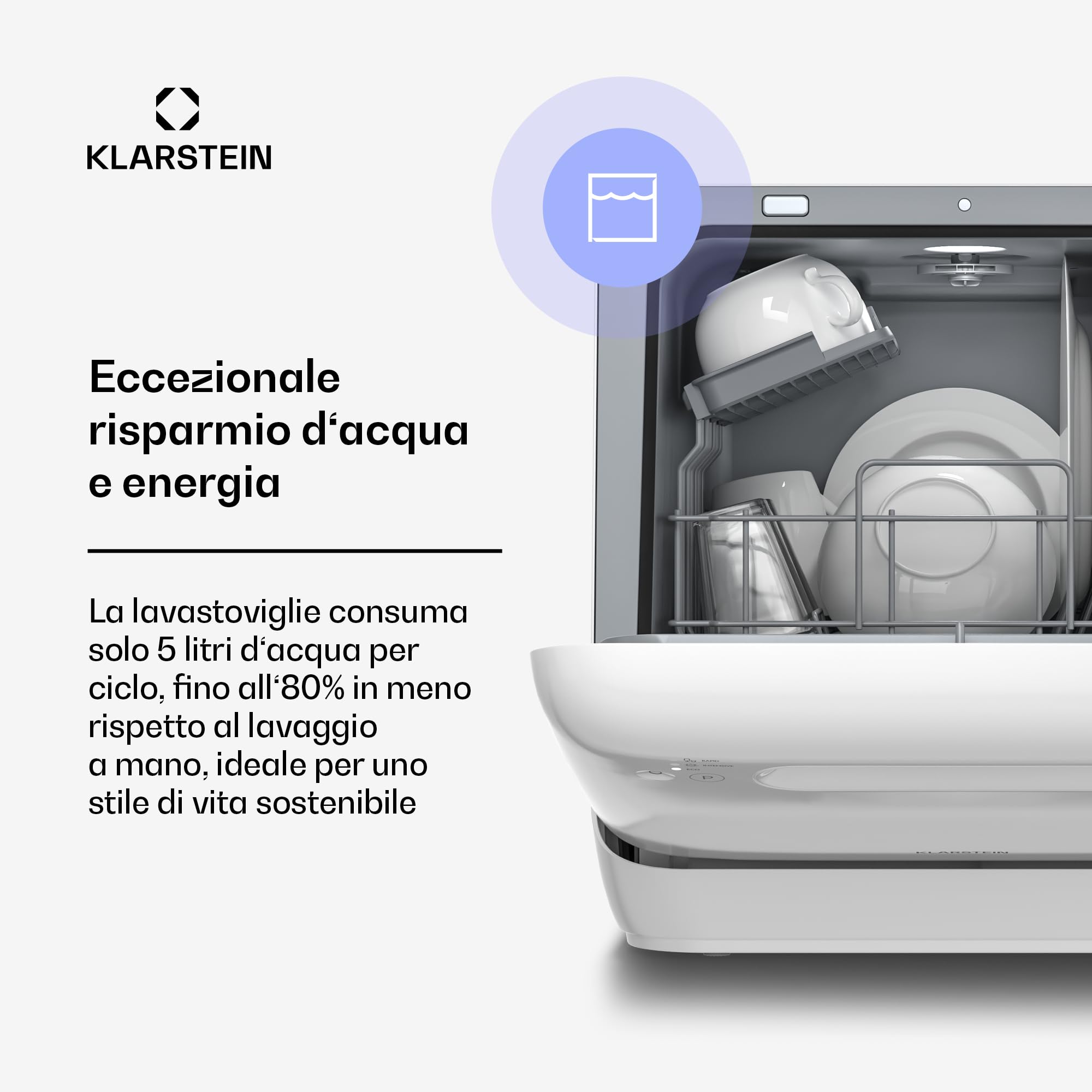 Klarstein Mini Lavastoviglie Aquatica – Lavastoviglie da Tavolo Compatta, 2 Coperti, 3 Programmi, Serbatoio 5L, Senza Installazione, Silenziosa 58dB, Portatile per Casa & Campeggio