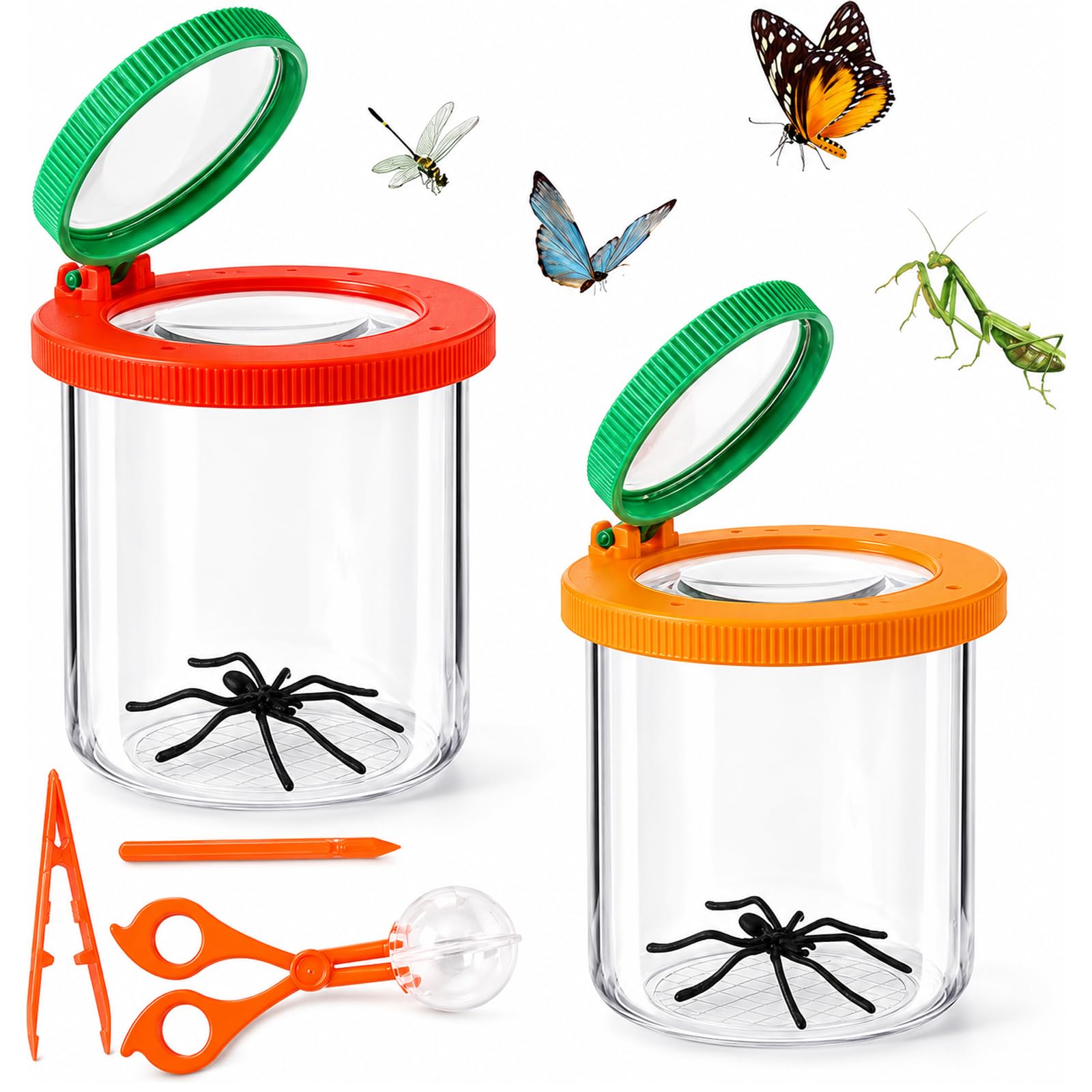 Becherlupen für Kinder,2 Stück Insektenfänger,Becherlupen für Kinder Lupenbecher Insektenfänger,mit Schmetterlingsfangnetz,Pinzette,Kleinkindspielzeug für Outdoor Wissenschaft Natur Erkundung