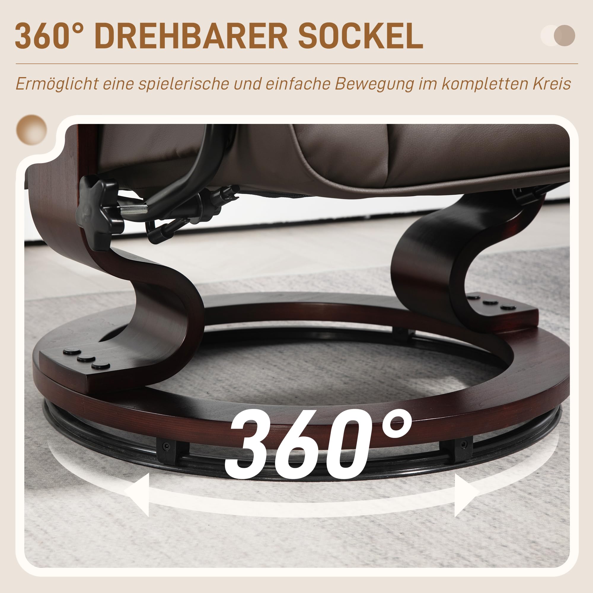 HOMCOM Relaxsessel mit Hocker, 360° drehbarer Fernsehsessel mit Liegefunktion hoher Rückenlehne, Holzgestell TV-Sessel für Wohnzimmer, Kunstleder, Braun