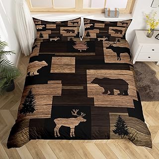 Erosebridal Rustic Farmhouse Duvet Cover Twin,Moose Lodge Bedding Set with Patchwork of Grizzly Bears and Buffalo Plaid Check,Vintage Wooden Hunting Animal Comforter Cover with 1 Pillowcase