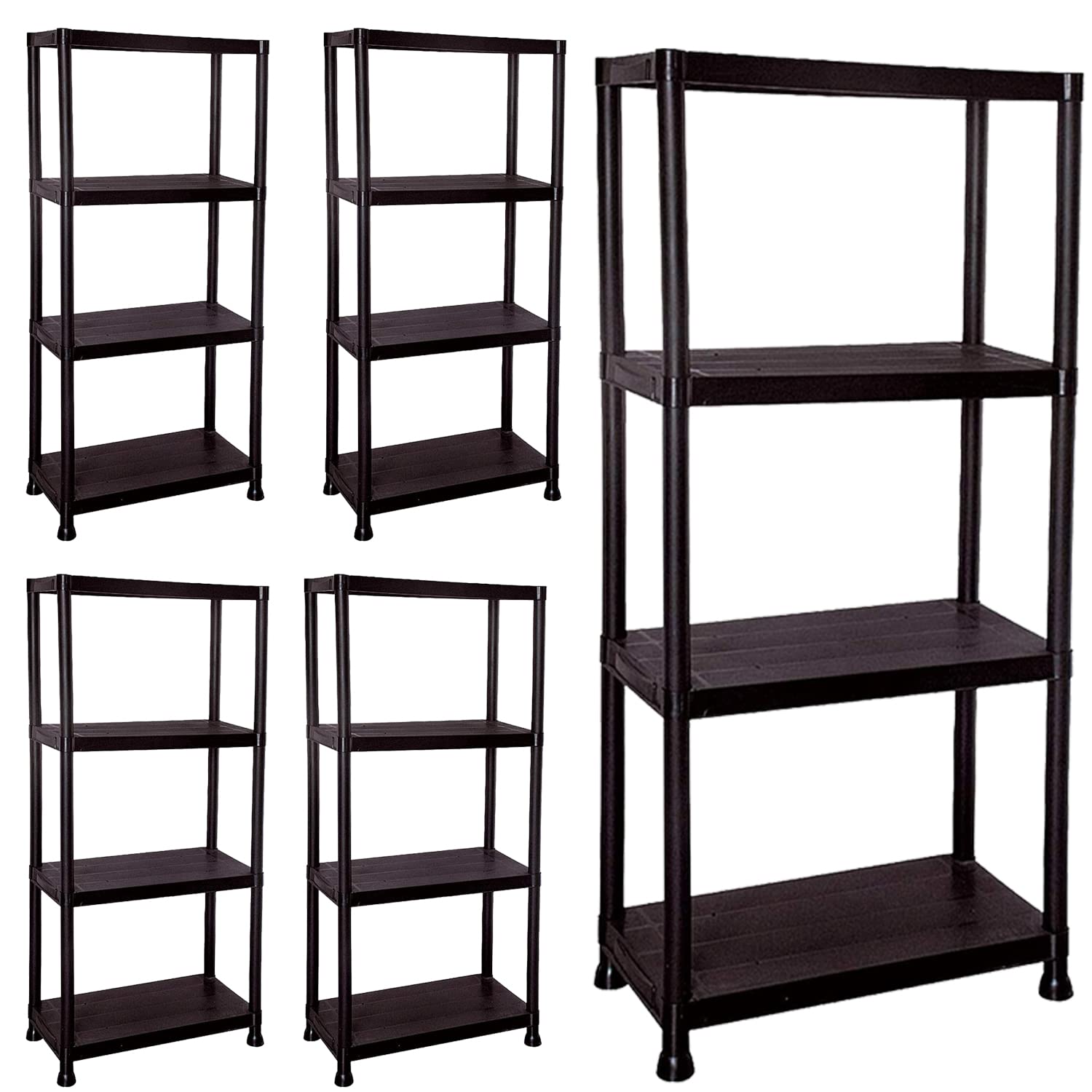 YORKSHIRE HOMEWARE 4 Tier Black Plastic Shelving Units Free Standing Shelves Storage Units, Heavy Duty Storage Shelf Organiser Racks for Kitchen Garage Pantry Living Room Bathroom Office (5 Shelves)