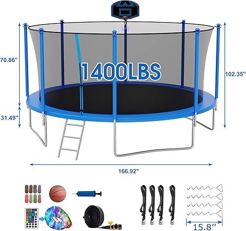 Miniatura 2 de SKYUP Tranpoline - Tranpoline de 1500 libras, 16, 15, 14 y 12 pies para niños y adultos, resistente al viento con red de cierre, aro de baloncesto,