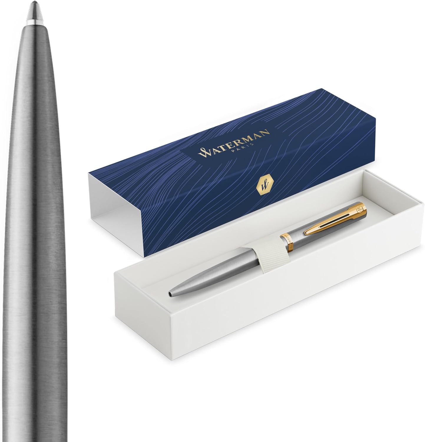 Waterman Impression Ballpoint Pen | Stainless Steel with Gold Trim | Medium Point | Blue Ink | Gift Box