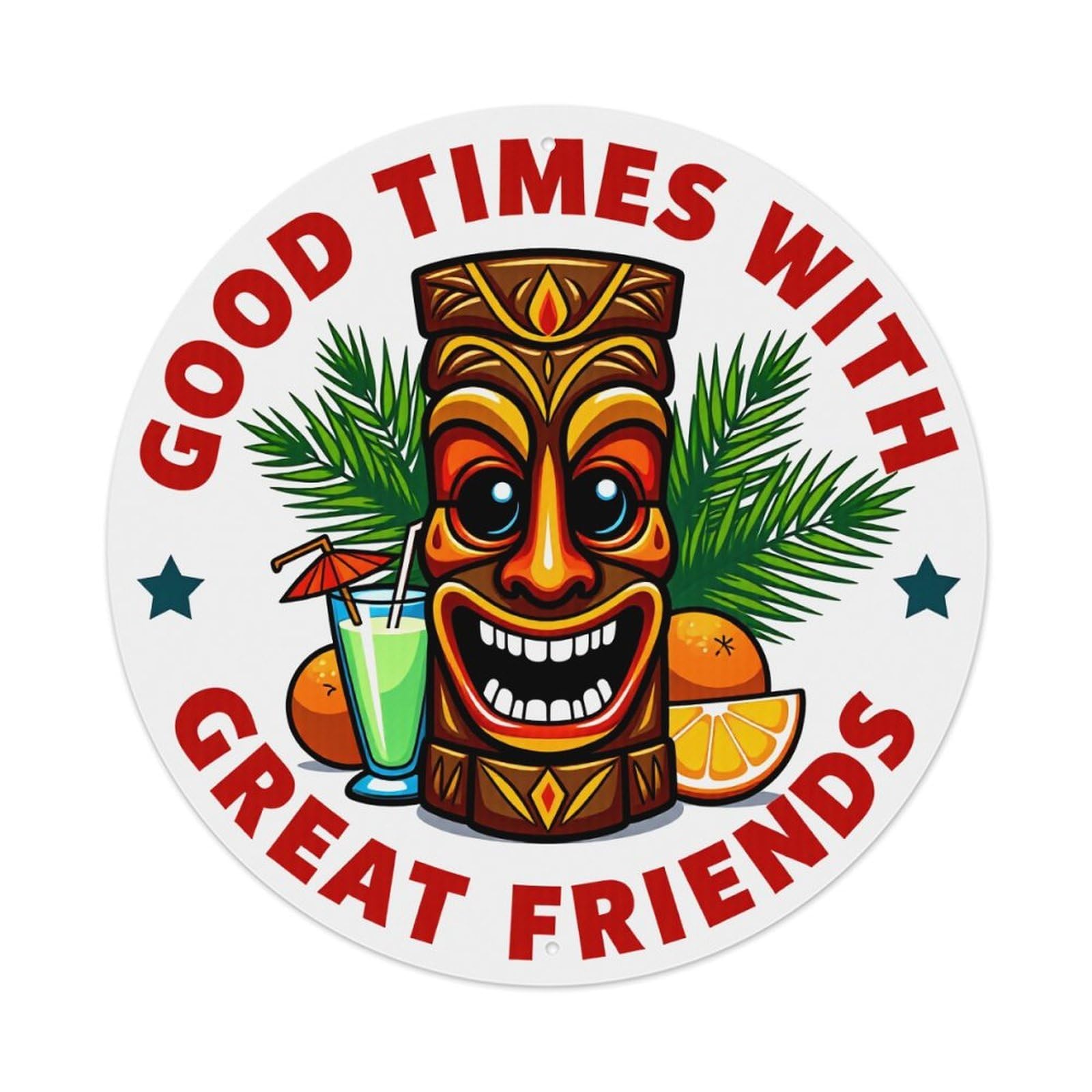 Tiki Mask Cocktail Palm Leaves Stars Round Tin Sign Vintage Metal Poster Retro Bar, Home, Man Cave, Kitchen, Laundry Room Wall Art Decor Gift 8x8In