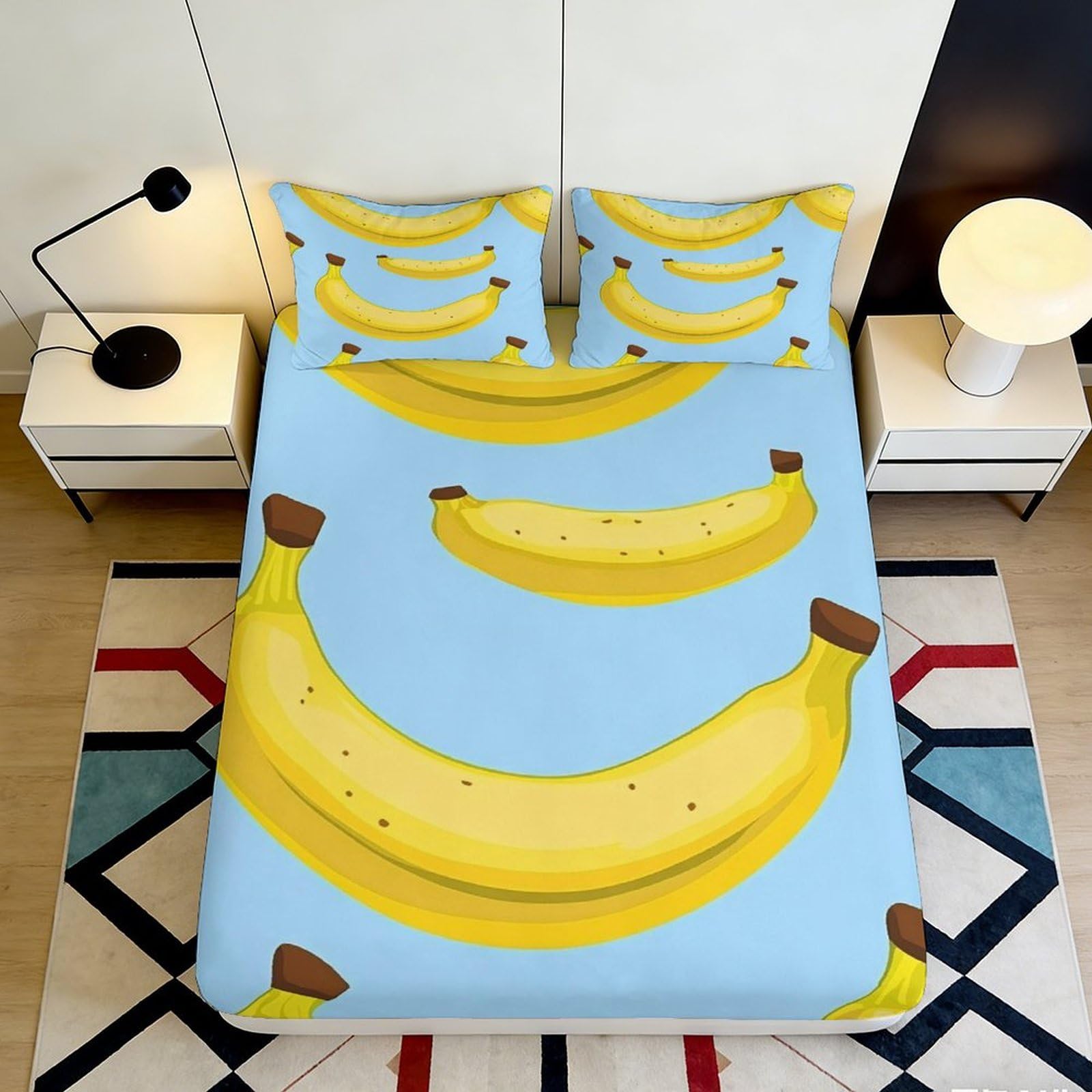 3D Printed Banana Pattern Fitted Sheet Microfiber Soft Blue Fruit Mattress Cover for Bedroom Guest Room Decor 90x200x25cm