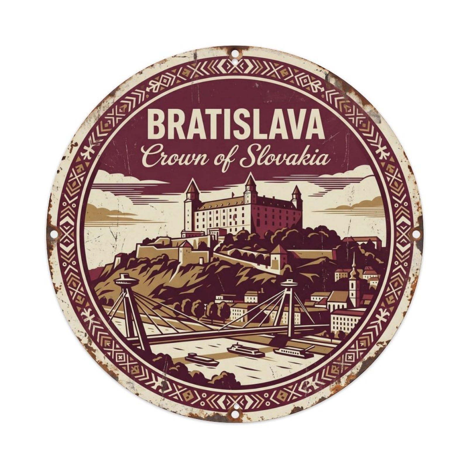Vintage Travel Castle Bratislava Crown Metal Tin Sign Plaque Wall Decor for Cafe, Club Bar, Office, Home Garden Round Metal Poster 8x8Inch