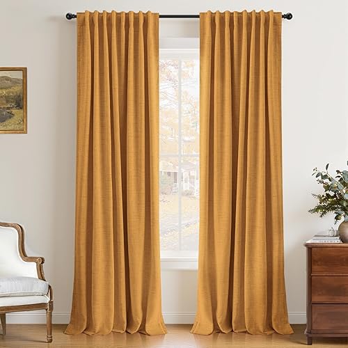Miniatura 19 de INOVADAY Juego de 2 paneles de cortinas 100% opacas de 84 pulgadas de largo, con pestaña trasera, bolsillo para barra, cortinas opacas de lino para