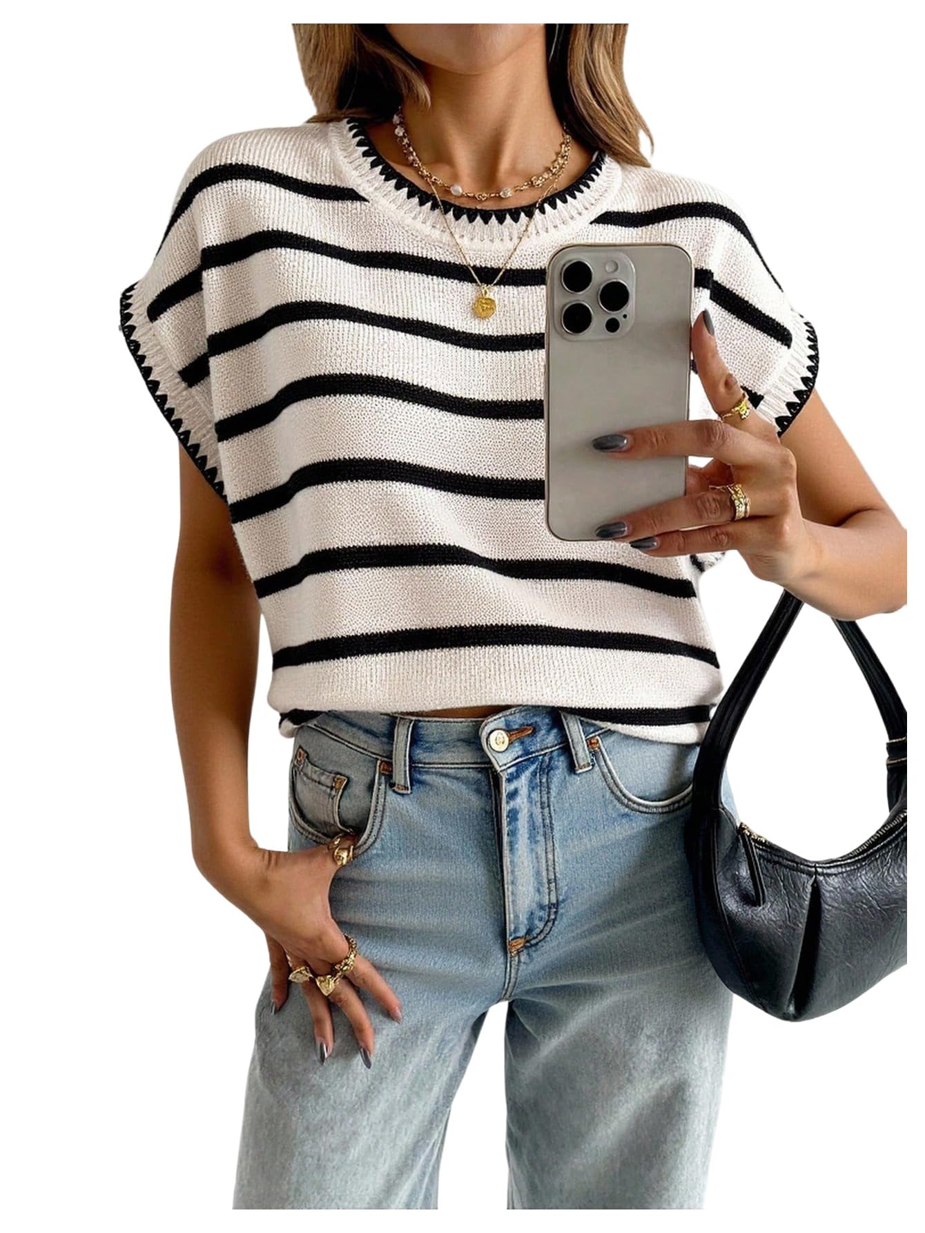 SOLY HUX Womens Short Sleeve Sweater 3D Floral Sweaters Pullover Tank Tops Knit Vest Trendy Fashion Clothing Black