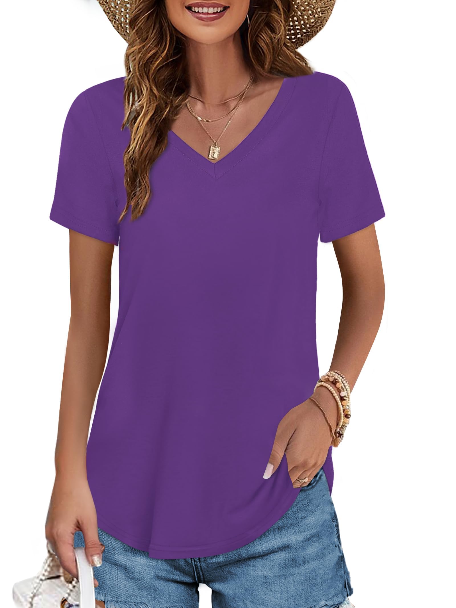 Womens T Shirts V Neck Summer Short/Long Sleeve Cotton Tops Tees