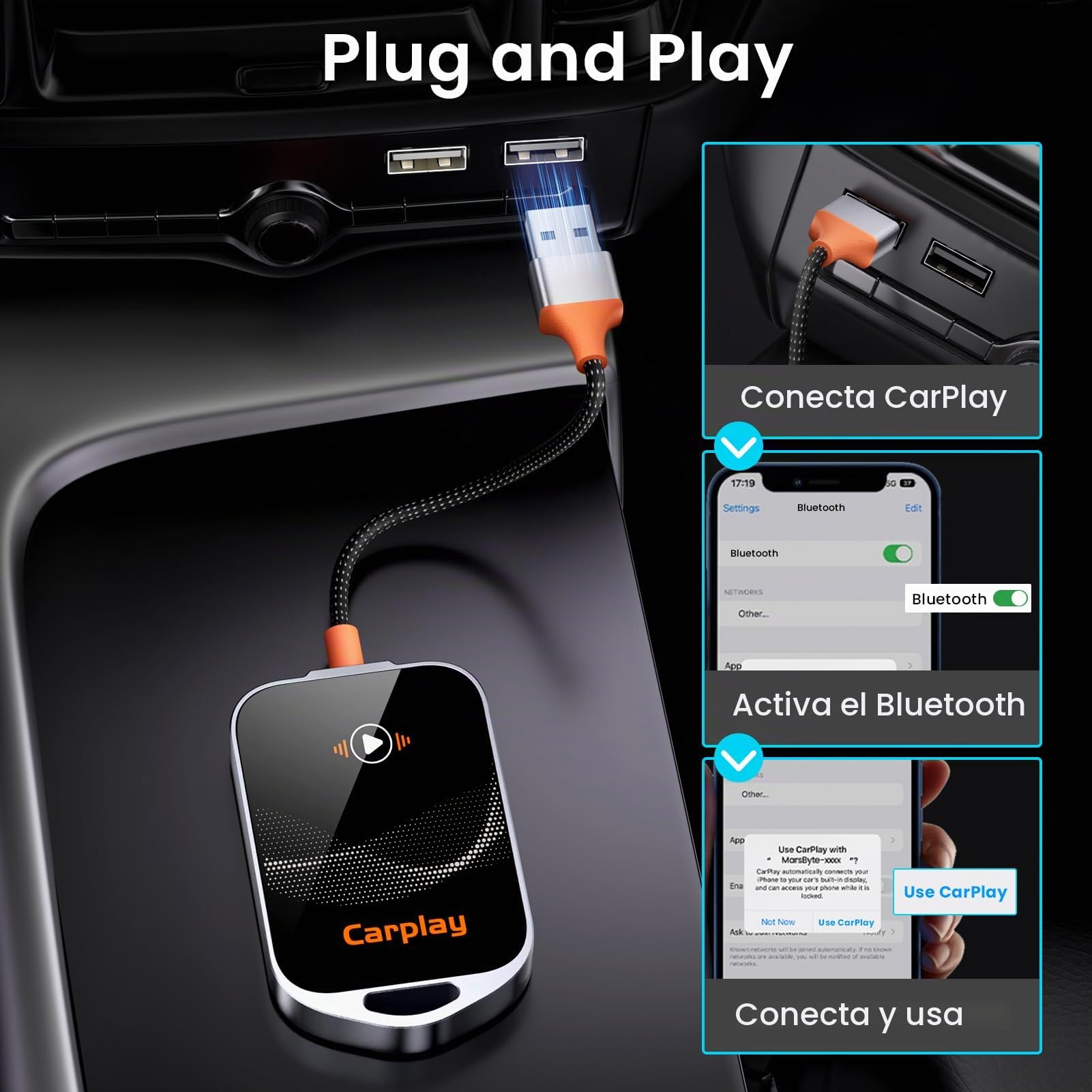 GlasFlength Adaptador Inalámbrico Carplay para iPhone, CarPlay Wireless Adapter con Puerto USB-A a USB-C Plug and Play Convierte Cableado a Inalámbrico Compatible con posteriores y con iOS 10+