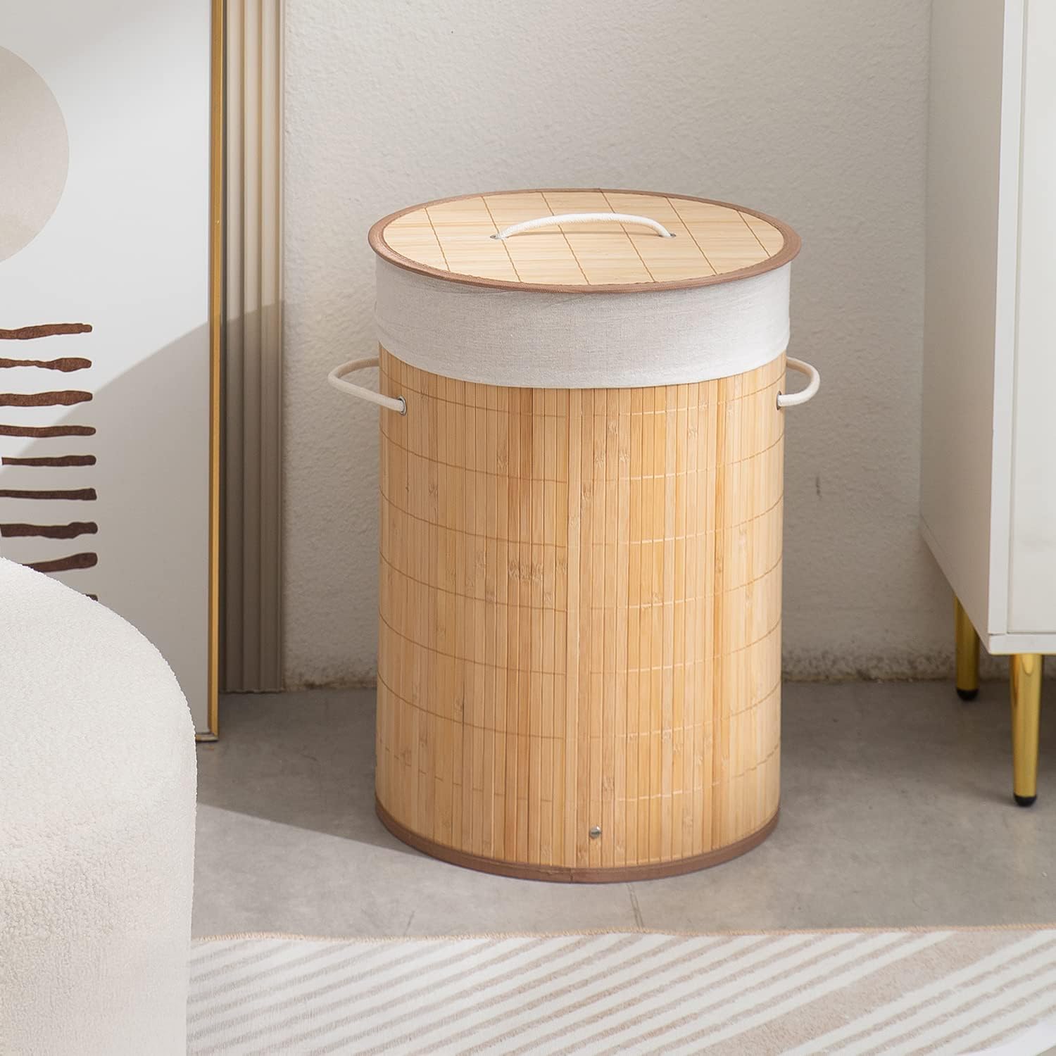 HomeStorie Eco-Friendly Foldable Bamboo Laundry Basket Hamper with Lid, Large - 57 Liter (Light Brown)-image-9