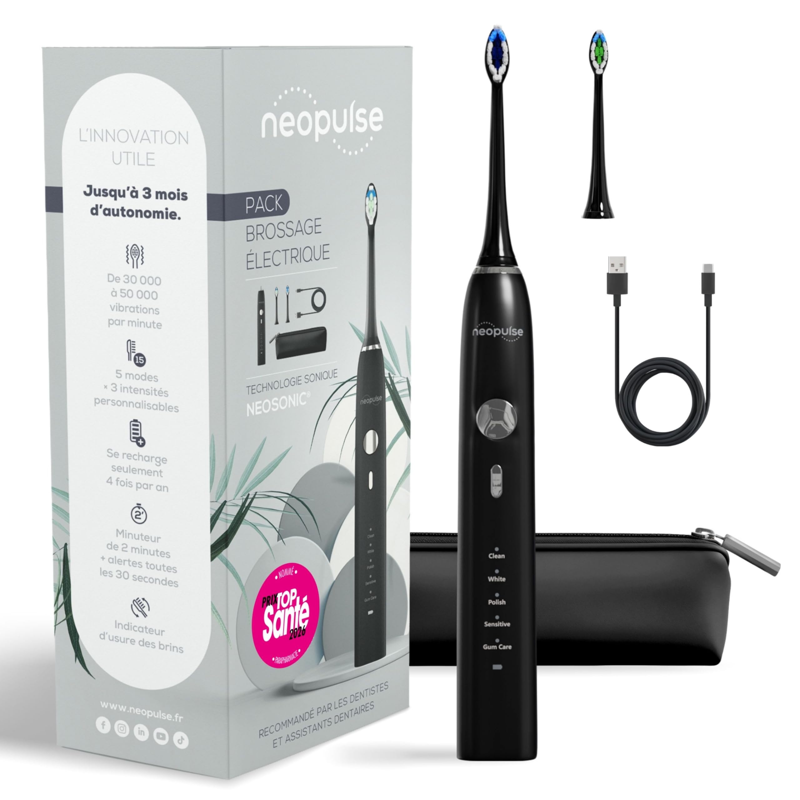 NEOPULSE NEOSONIC® – Cepillo de Dientes Eléctrico Sónico, 50.000 Vibraciones/min, 5 Modos y 15 Intensidades, Temporizador 2 min, 3 Meses de Autonomía, Carga USB-C, 2 Cabezales Incluidos, Negro