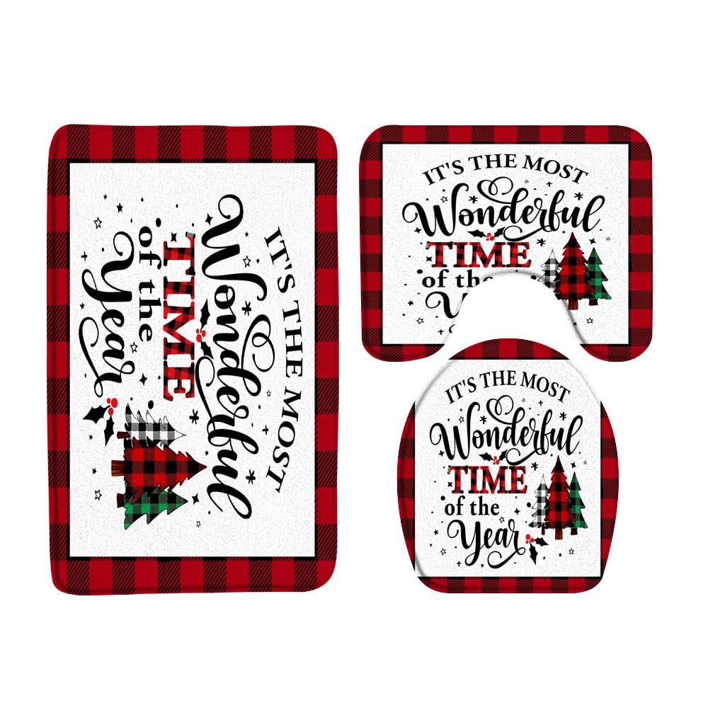 VPUPCN Christmas Trees 3 Pcs Bath Rugs Set,Red Black Buffalo Plaid Pine Tree Snowflake Farmhouse Winter Holiday Bathroom Kitchen Rug with 17.8