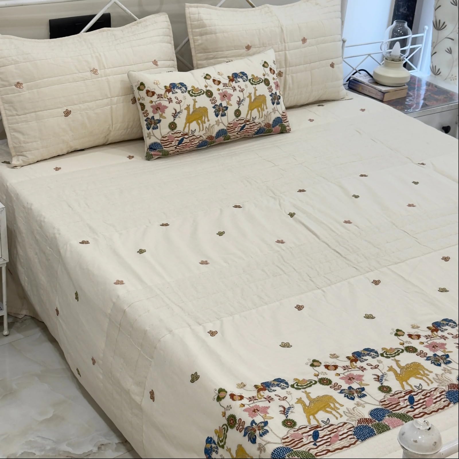 Maeri Royal Garden Embroidered Linen Bedcover Set | 100% Linen | 4-Piece Luxury Bedding Set (1 Bedcover, 2 Pillow Covers & 1 Cushion with Filler)-image-16