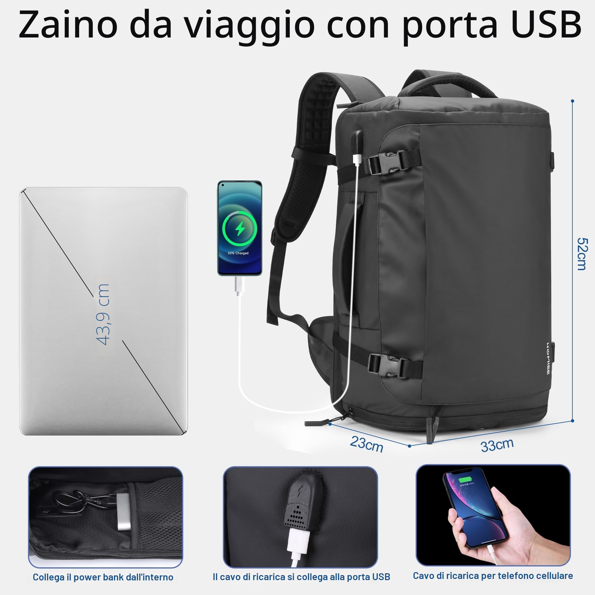HOMIEE Zaino da Viaggio 40L Grande Zaino Bagaglio a Mano con Scomparto per Scarpe Resistente All'acqua Zaini Porta PC 17,3 Pollici con Porta USB Zaini Aereo Omologato per il Volo