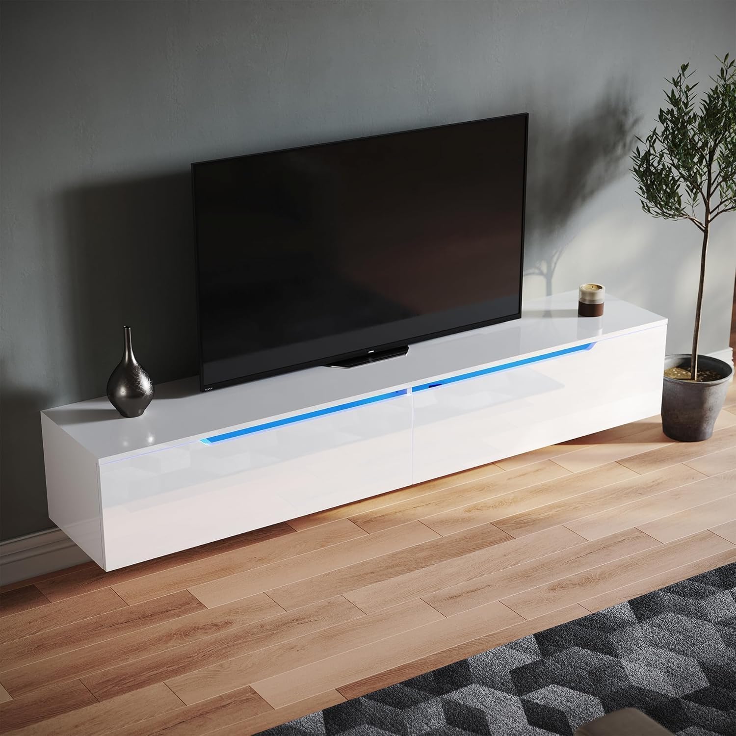 SONNI TV Schank, Lowboard Weiß Hochglanz hängend 180x35x30cm mit LED-Beleuchtung(12 Farben können eingestellt werden), Griffloses Design, TV Board, Fernseherschank, Fernsehtisch, TV-Regal. GTV009W-180