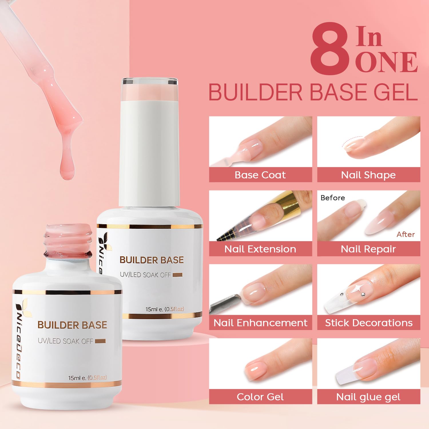 Nicedeco 2pcs 15ml Gel Construction Ongle UV 8 en 1, Gel Builder Base de Renforcement, Réparation et Extensions, Vernis à Ongles Forts, Base Coat, Le Nail Art Décoration Rose Nu