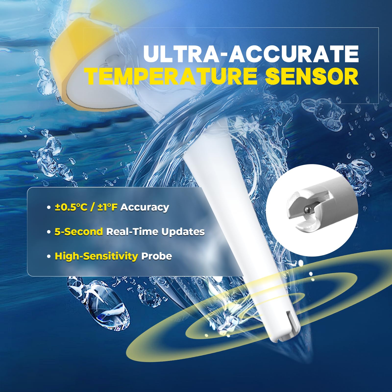 Termómetro de piscina solar digital flotante, pantalla grande de alta precisión sin empañamiento con pantalla de doble cara para piscina, acuario, spa, aguas termales, estanques (amarillo)
