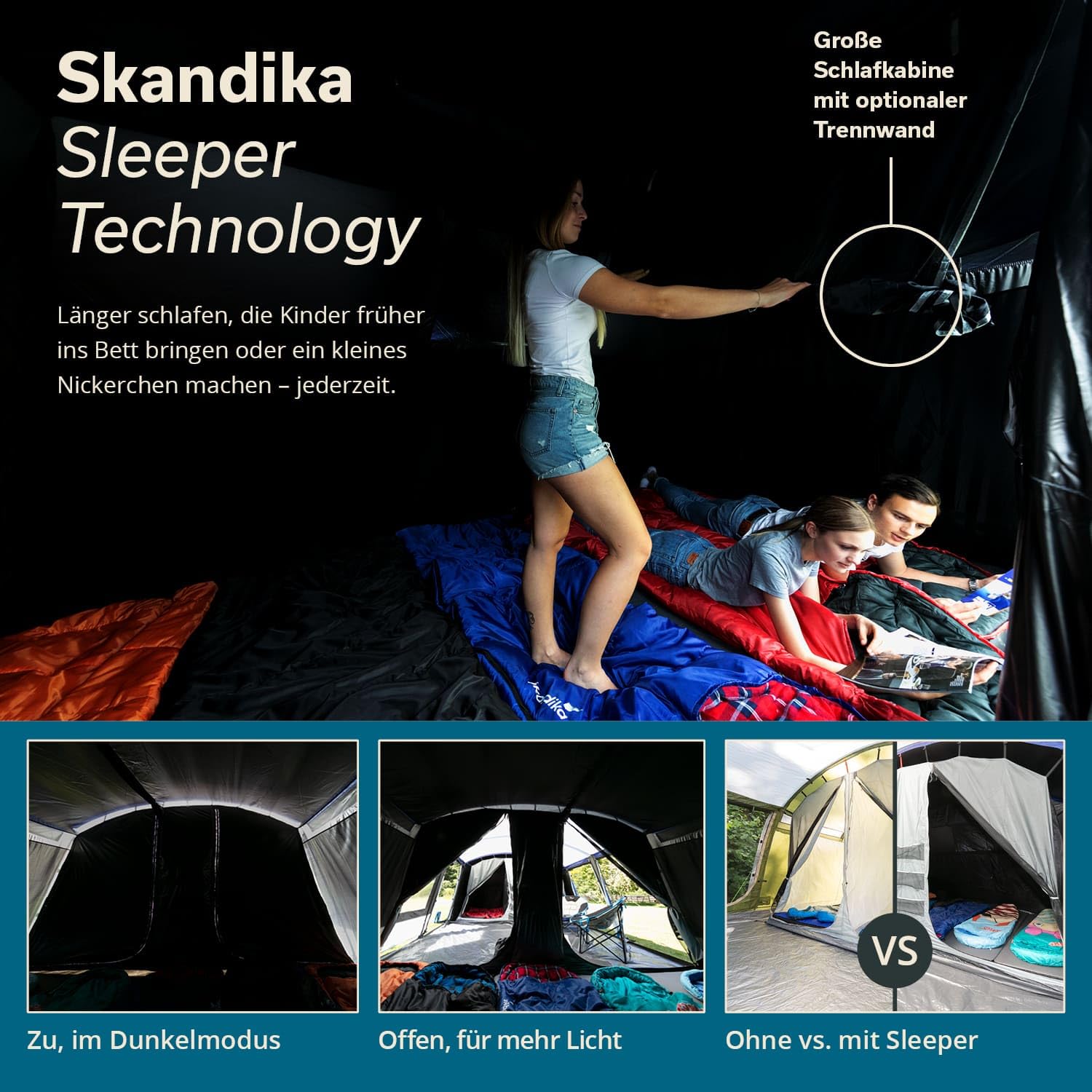 Skandika Tunnelzelt Montana 8 Personen | Camping Zelt mit/ohne eingenähten Zeltboden, mit/ohne Sleeper Technologie, 3-4 Schlafkabinen, 5000 mm Wassersäule, Moskitonetze | großes Familienzelt
