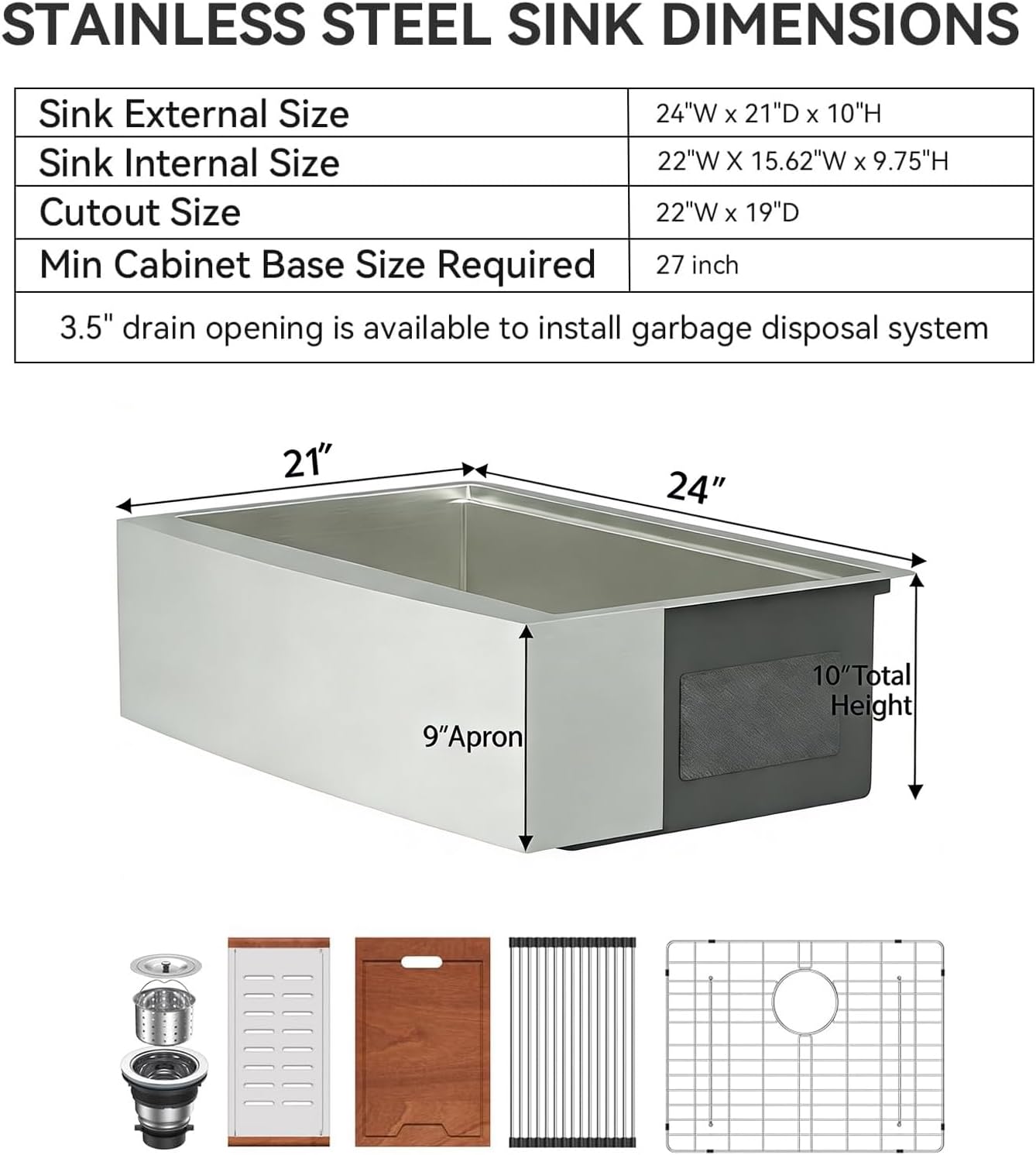 Lordear 24" Farmhouse Sink Short Apron Front Ledge Workstation 24" x 21" Farm Sink 16 Gauge Stainless Steel Single Bowl Kitchen Farm Sinks