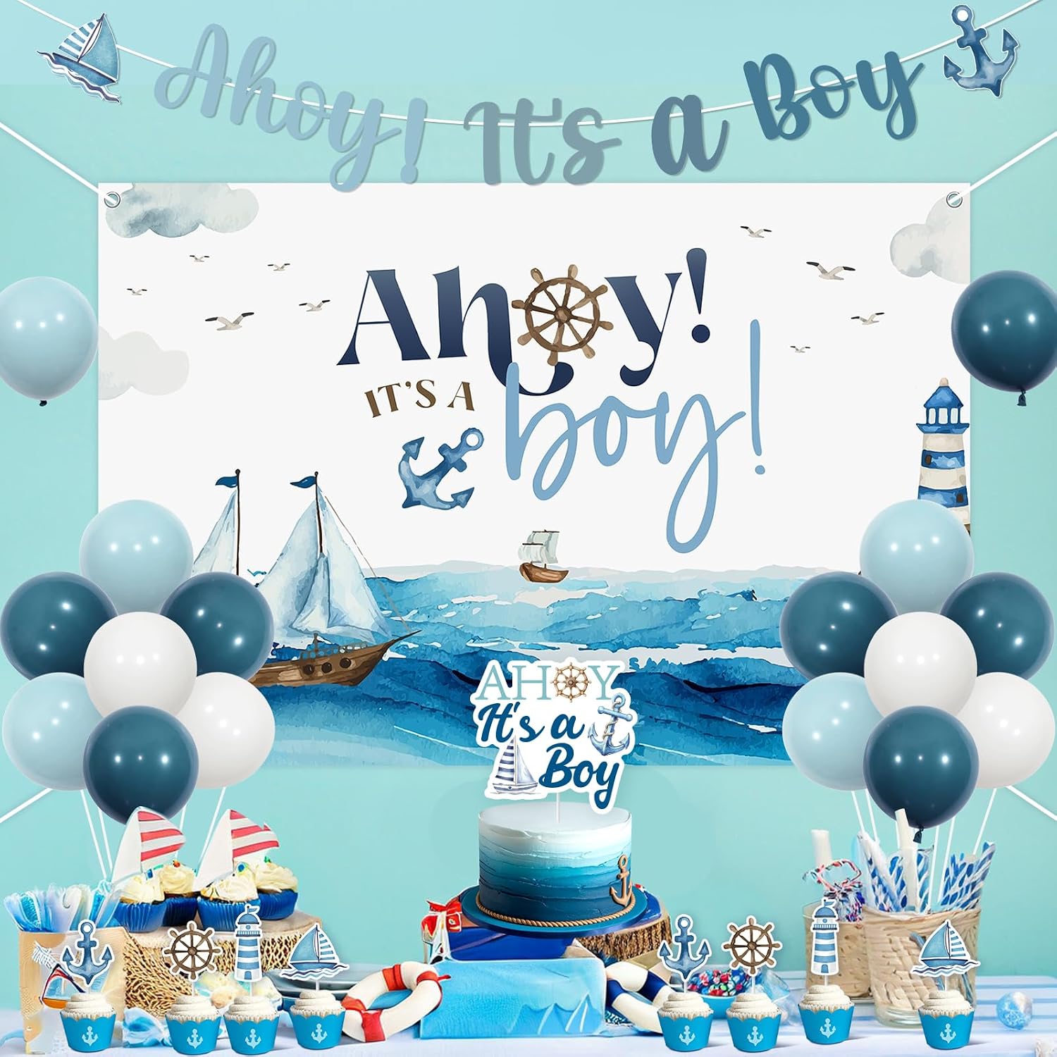 Ahoy Its A Boy Baby Shower Decorations Ahoy It's A Boy Backdrop Banner Nautical Baby Shower Cake Topper Ocean Navy Theme Party Sailor Birthday Ocean Sailing Sailboat Lighthouse Decor