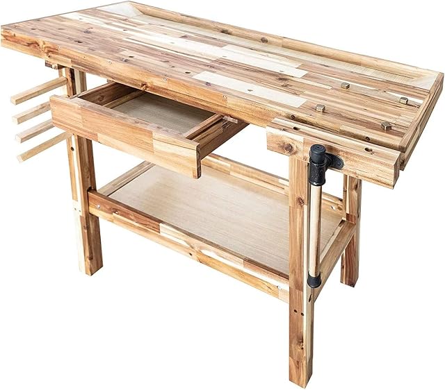 Olympia Tools 48-Inch Acacia bois dur avec tiroir - 330lbs Poids Capacité Table de travail en bois portable pour garage, atelier, entreposage à domicile - Ouvrages en bois