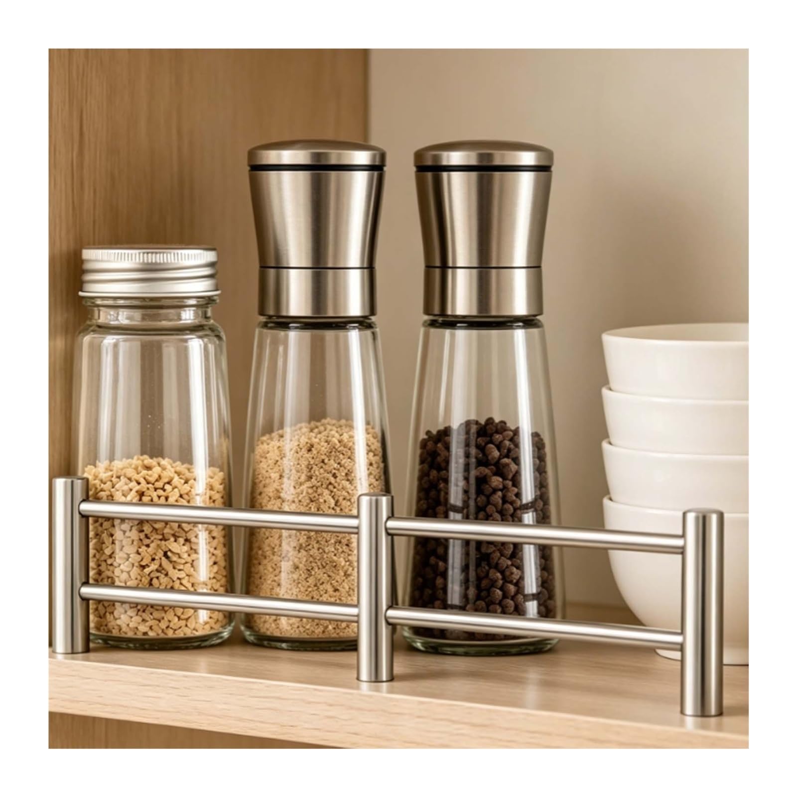 HHJFSP Stainless Steel Double Rail Countertop Guardrail, Anti-Fall Spice Rack with Screws, Prevent Glass Jars from Falling - Open Shelf Protection(Silver,37.8″(96cm) L)