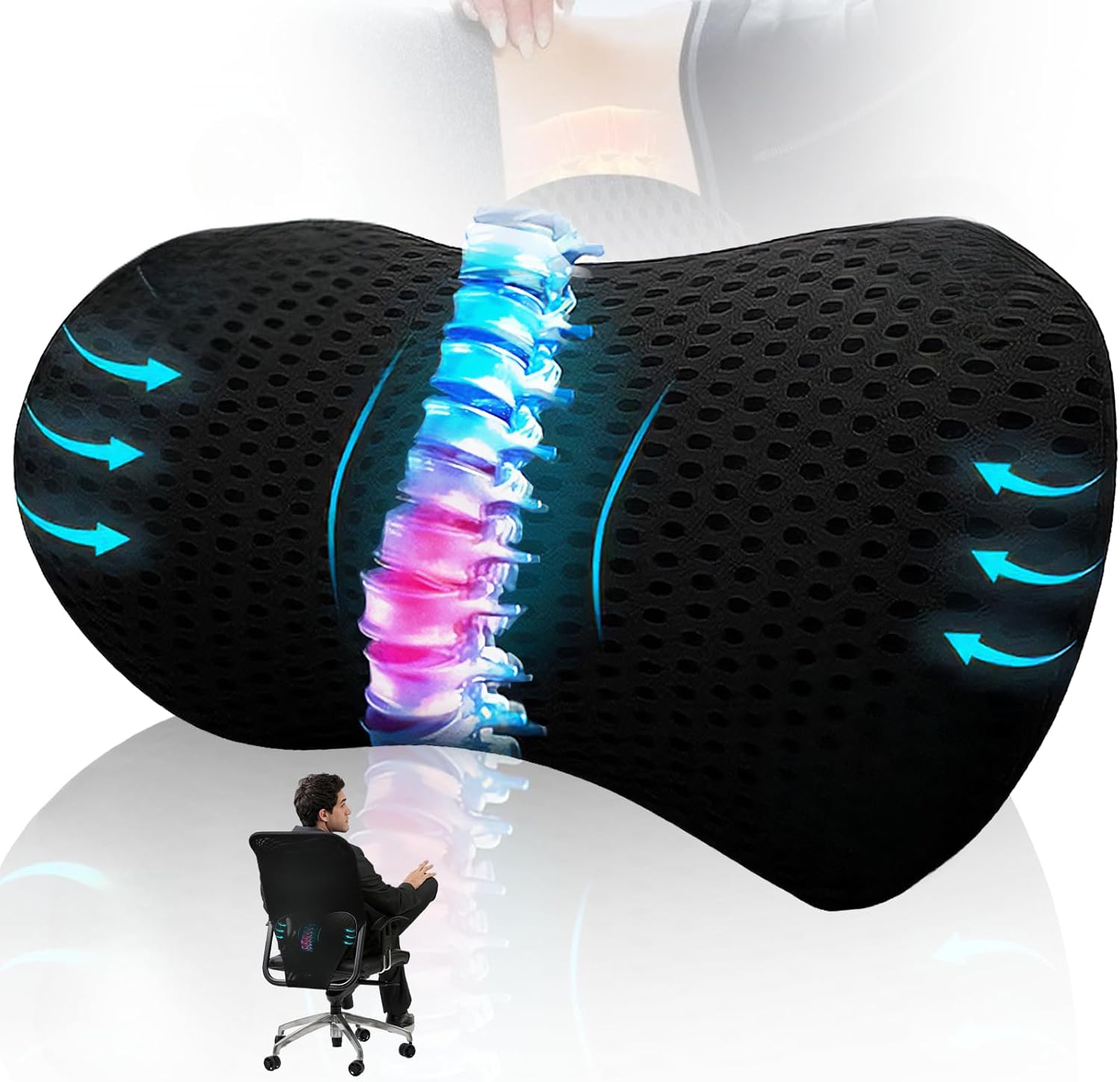 Mullow® Lumbar Support Pillow for Office Chair | for Low Back Pain Relief | Memory Foam Ergonomic Sreamline | for Car, Office Chair, Home, Bed, Seat Cushion Black