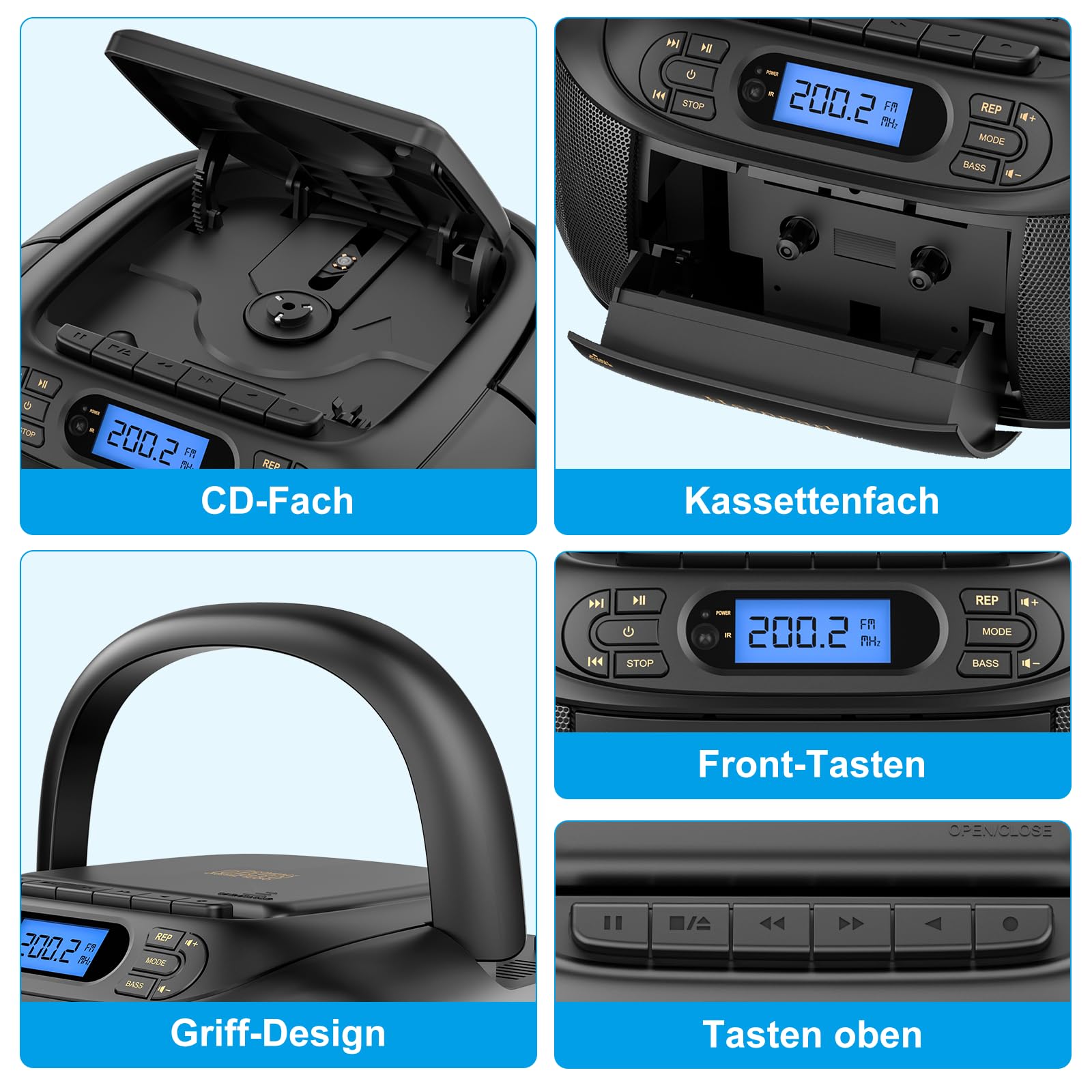 CD-Player mit Kassette, CD Boombox mit Bluetooth, UKW-Radio, Eingebauten Stereo-Lautsprechern, Wiederaufladbarem CD/Tape-Player, AUX-Eingang, USB-Wiedergabe, Kopfhörerausgang