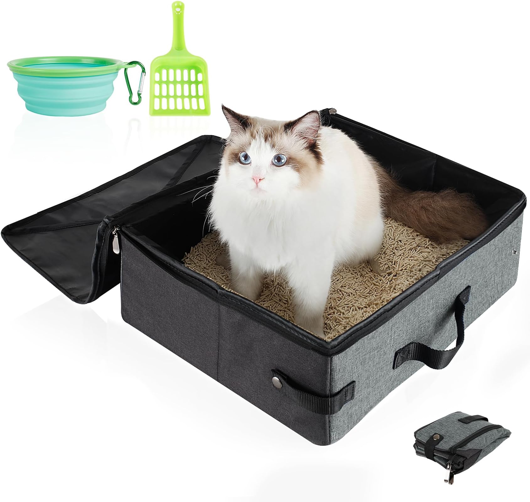 HiCaptain Portable Travel Litter Box for Cats, Leak Proof Collapsible Cat Litter Box with Lid, Easy to Carry Pet Cat Supplies for Car Travel Hotel Camping, Kitty Litter Box Includes Scoop Bowl