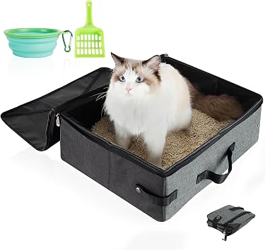 HiCaptain Portable Travel Litter Box for Cats, Leak Proof Collapsible Cat Litter Box with Lid, Easy to Carry Pet Cat Supplies for Car Travel Hotel Camping, Kitty Litter Box Includes Scoop Bowl