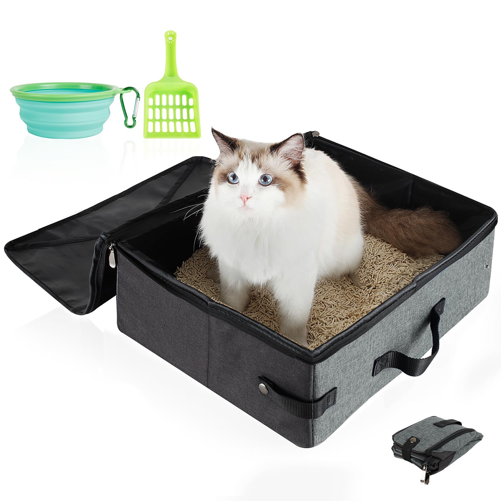 HiCaptain Caja de arena portátil de viaje para gatos, 49 cm de largo x 39,1 cm de ancho x 15 cm de alto, caja de arena plegable con tapa y asa para viajes por carretera, hotel, camping, avión, coche