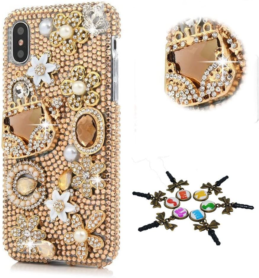 STENES Sparkle Case Compatible with Samsung Galaxy A22 5G Case - Stylish - 3D Handmade Bling Crowm Bag Flowers Floral Rhinestone Crystal Diamond Design Cover Case - Gold