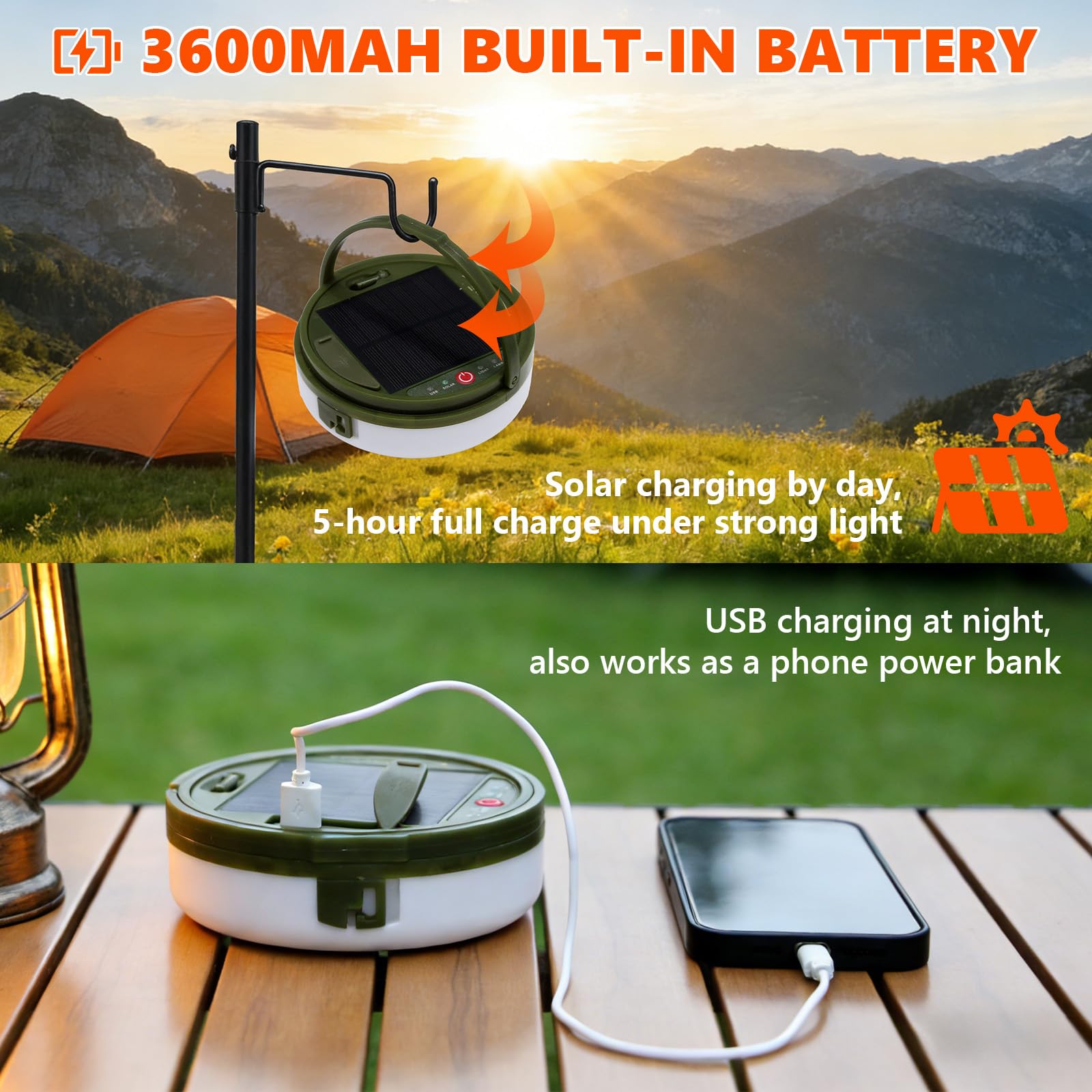 Cadena de luces de camping enrollable solar, 10 m, 3600 mAh, lámpara de camping con mando a distancia, USB, recargable, cadena de luces LED con 5 modos de iluminación, luz exterior para camping