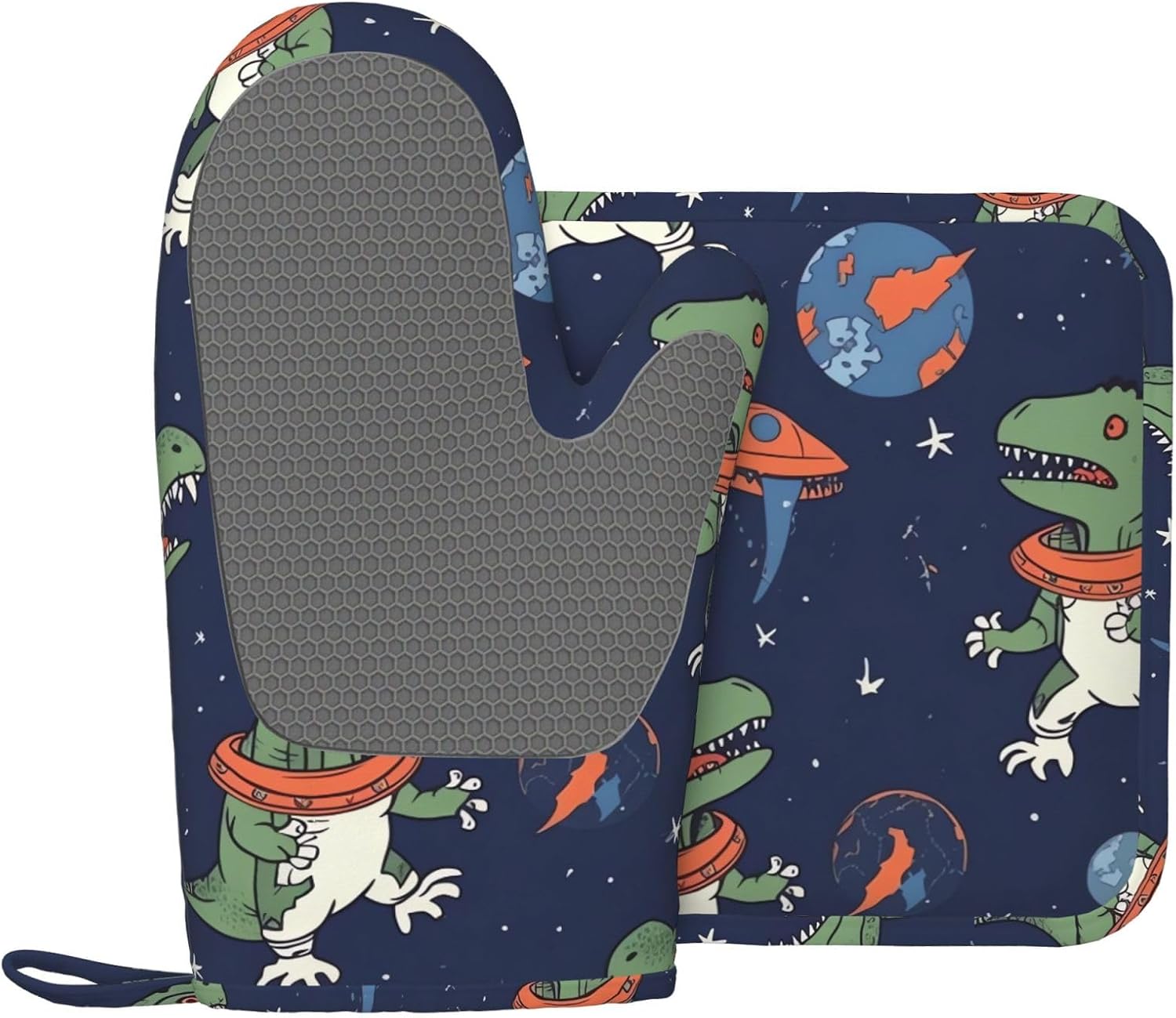 Silicone Oven Mitts and Pot Holders Set of 2, Non-Slip Heat Resistant Oven Mitten Funny Astronaut Dinosaur Rocket Potholders Trendy Kitchen Decor Ideal for BBQ Cooking, Grilling Baking