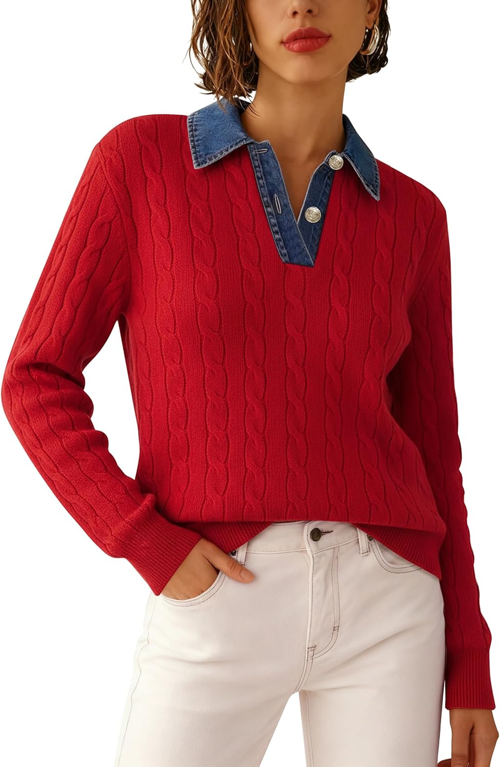 SAUKOLE Sweaters for Women Denim Lapel V Neck Buttons Closure Casual Long Sleeve Cable Knit Loose Pullover Sweater - Image 2